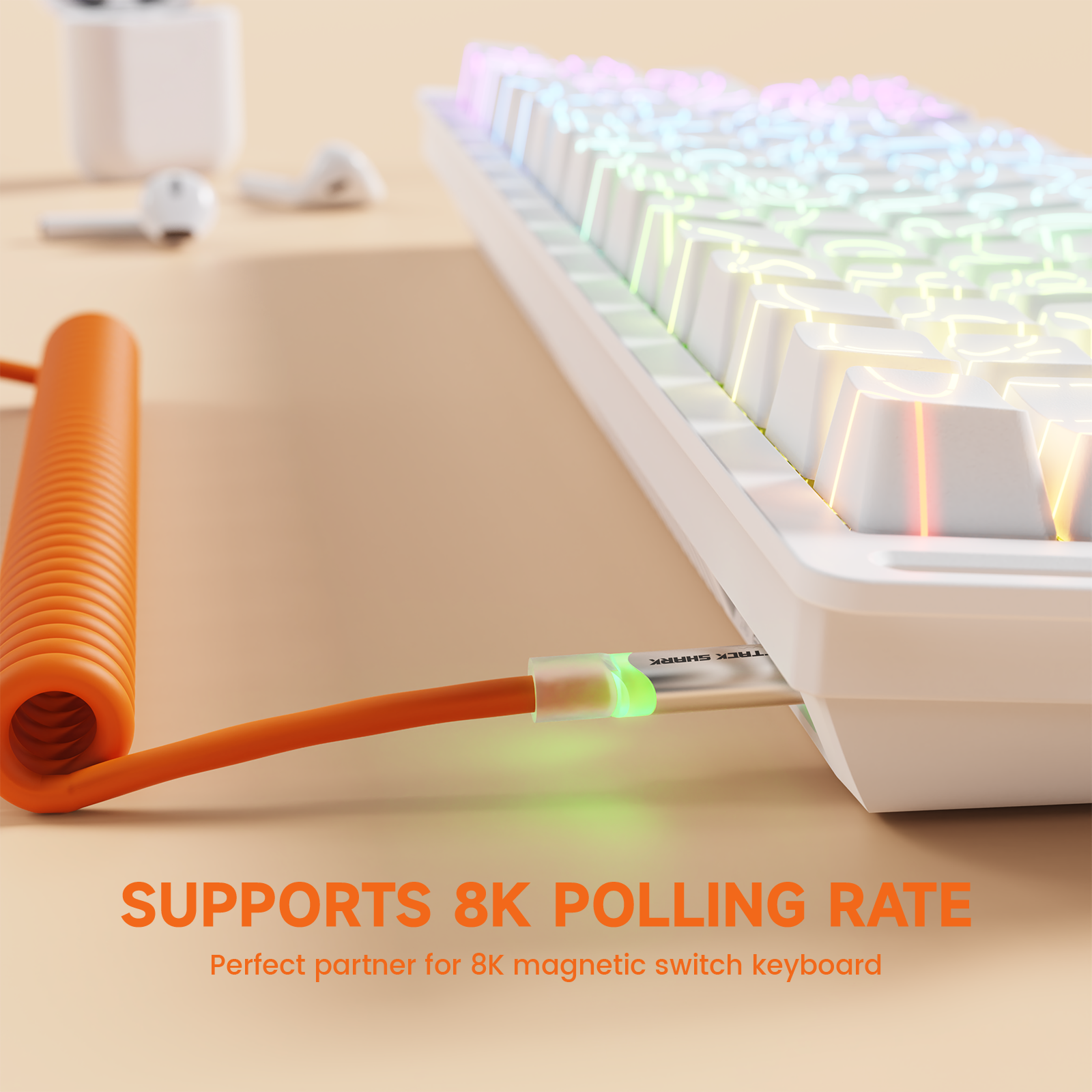 ATTACK SHARK orange coiled cable for 8K polling rate mechanical keyboard, metal connectors.