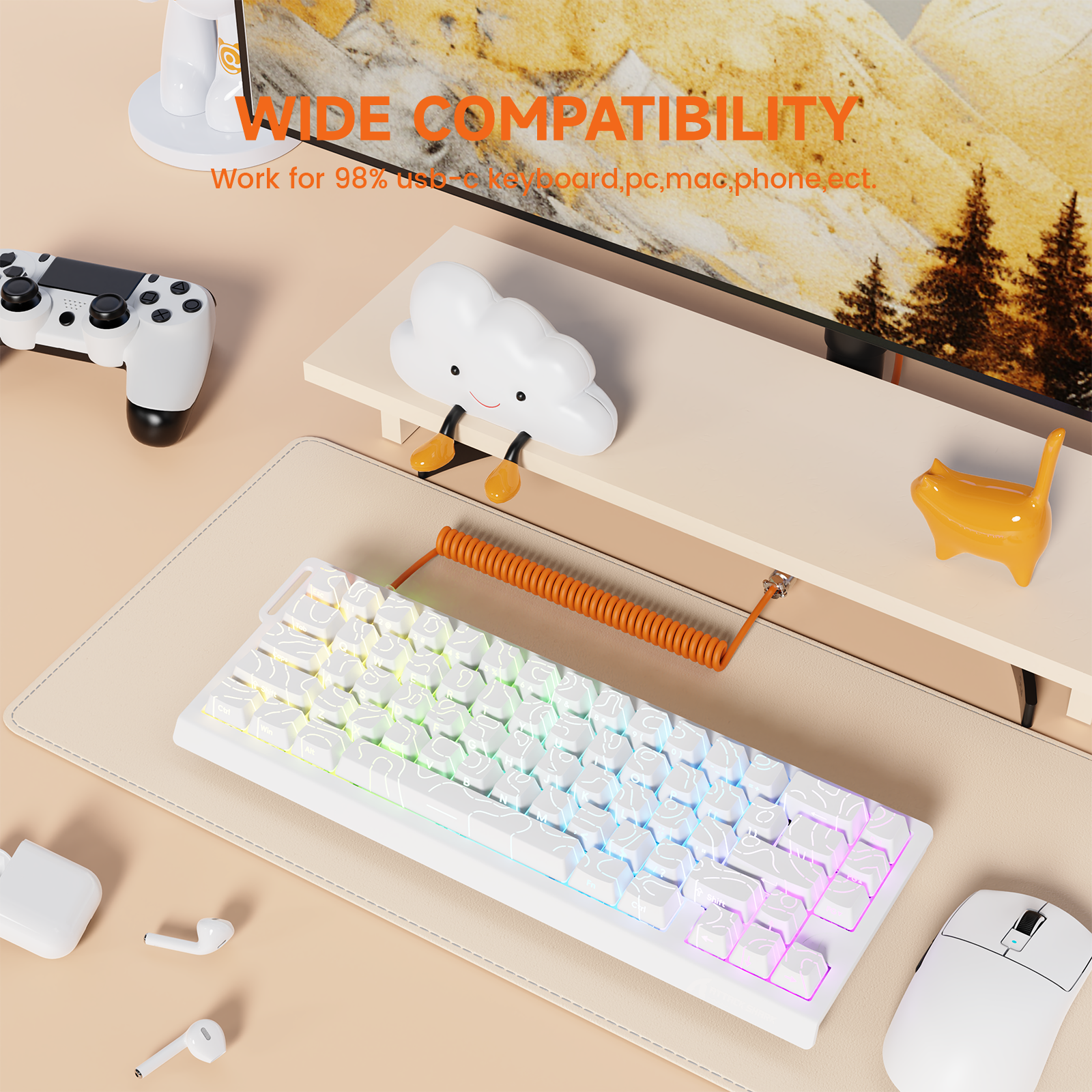 White ATTACK SHARK mechanical keyboard with orange coiled USB-C aviator cable. Wide compatibility, RGB lighting.