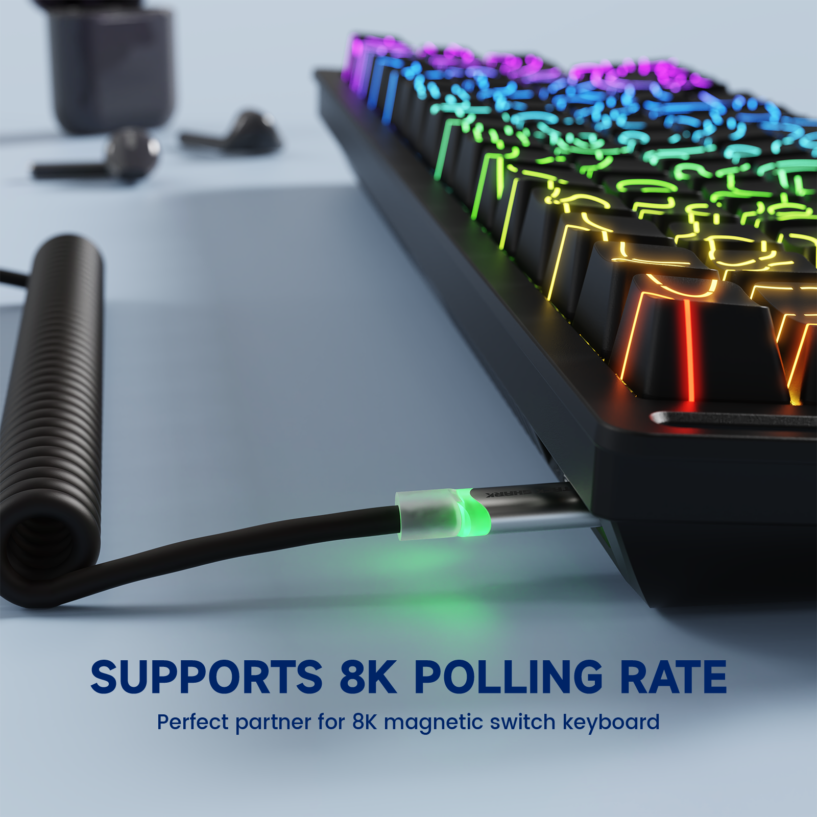 ATTACK SHARK C01Ultra keyboard cable connected to a mechanical keyboard, supporting 8K polling rate.