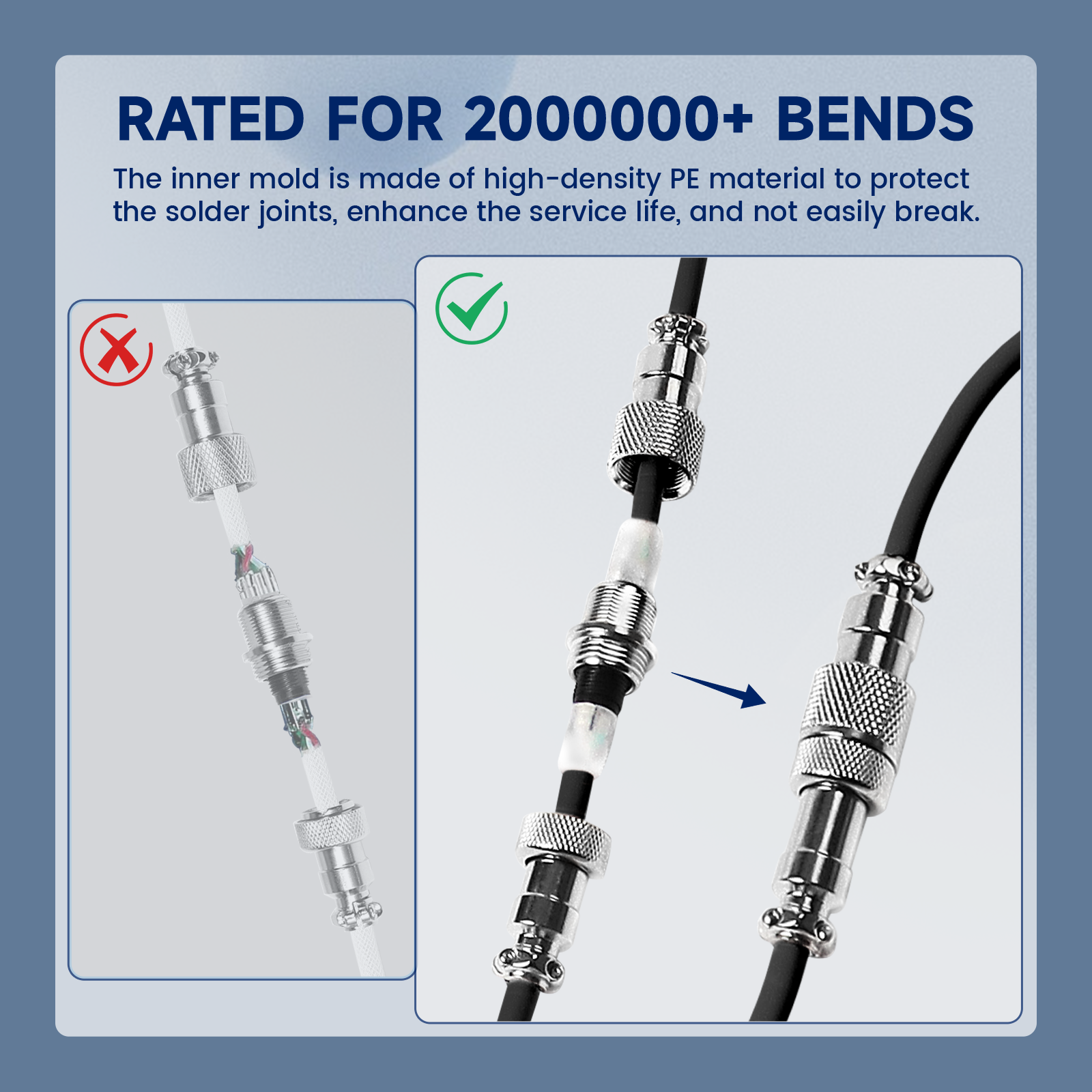 ATTACK SHARK Aviator Cable durability: PE inner mold, metal connectors, rated for 2000000+ bends, for mechanical keyboards.