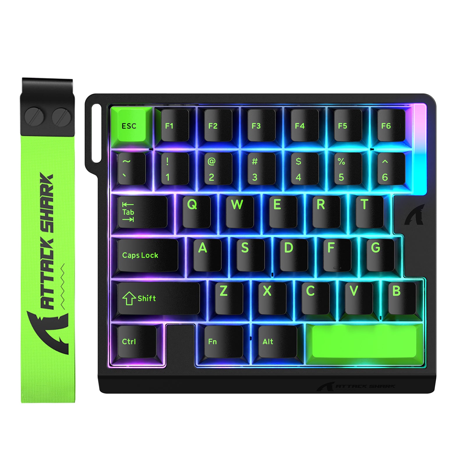 ATTACK SHARK M36 HE one-handed magnetic switch keyboard with neon RGB backlight and green wrist strap