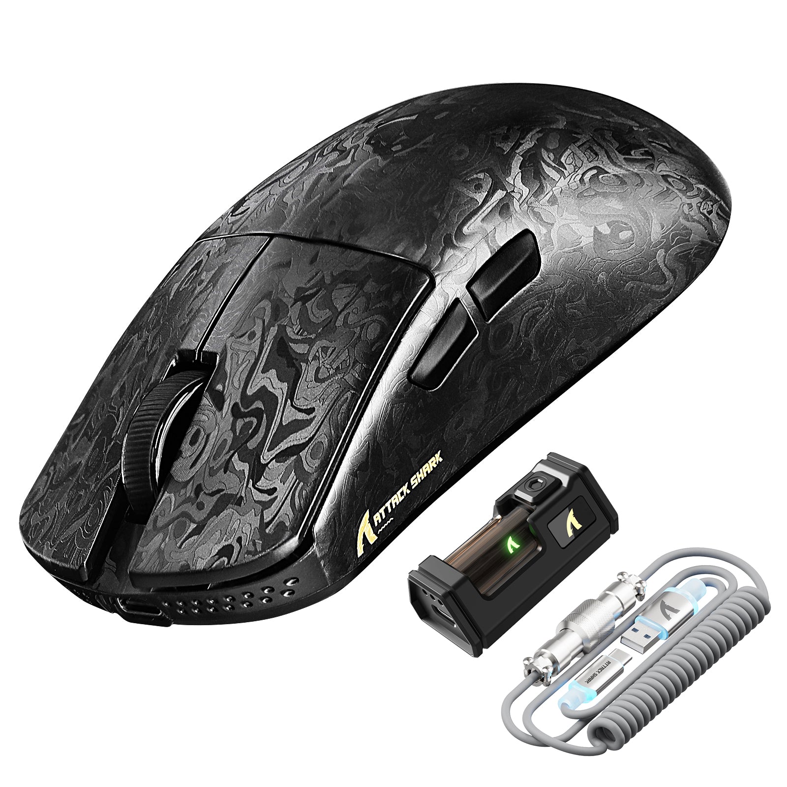 ATTACK SHARK R11 ULTRA Carbon Fiber Wireless 8K PAW3950MAX Gaming-Maus mit C06 Ultra LED-Kabel