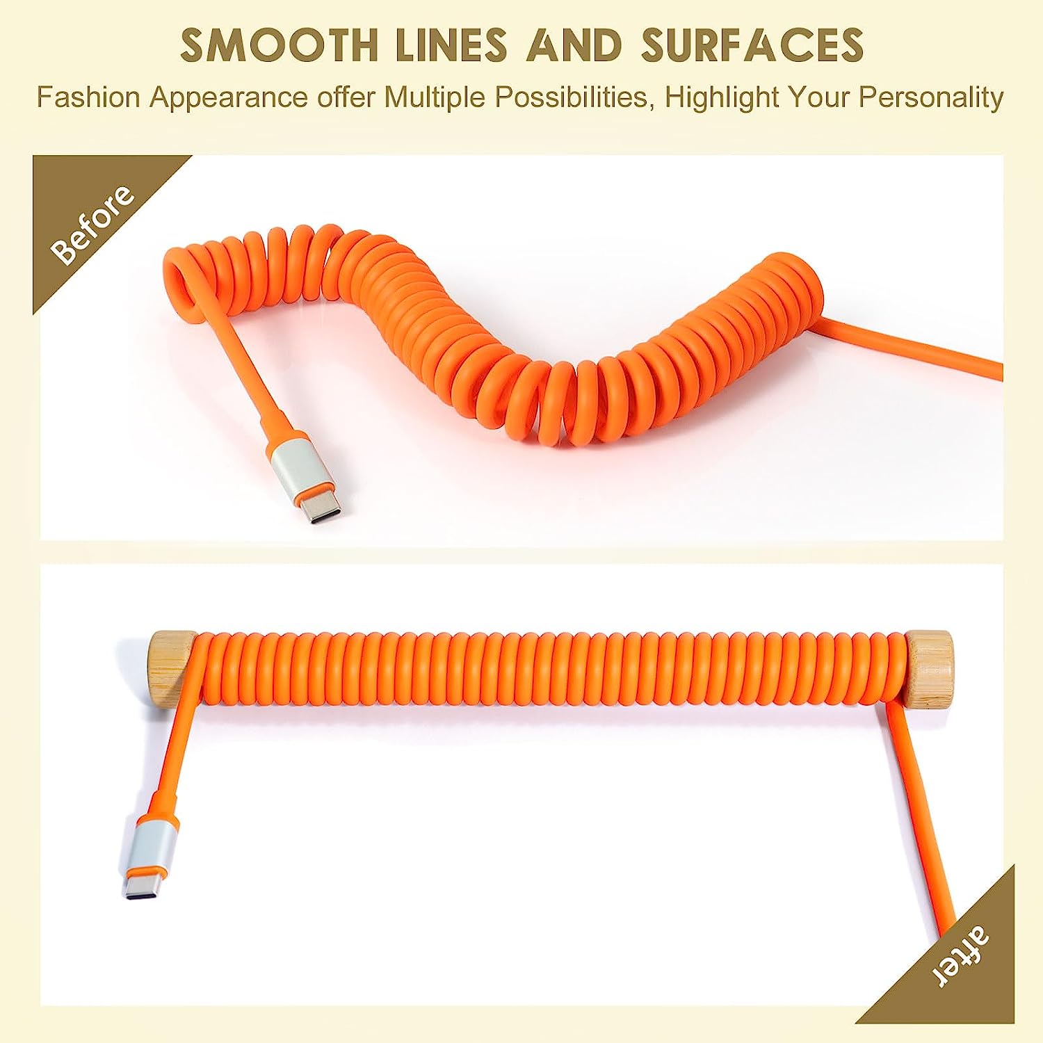 Orange coiled keyboard cable with bamboo winder for stylish desk organization.