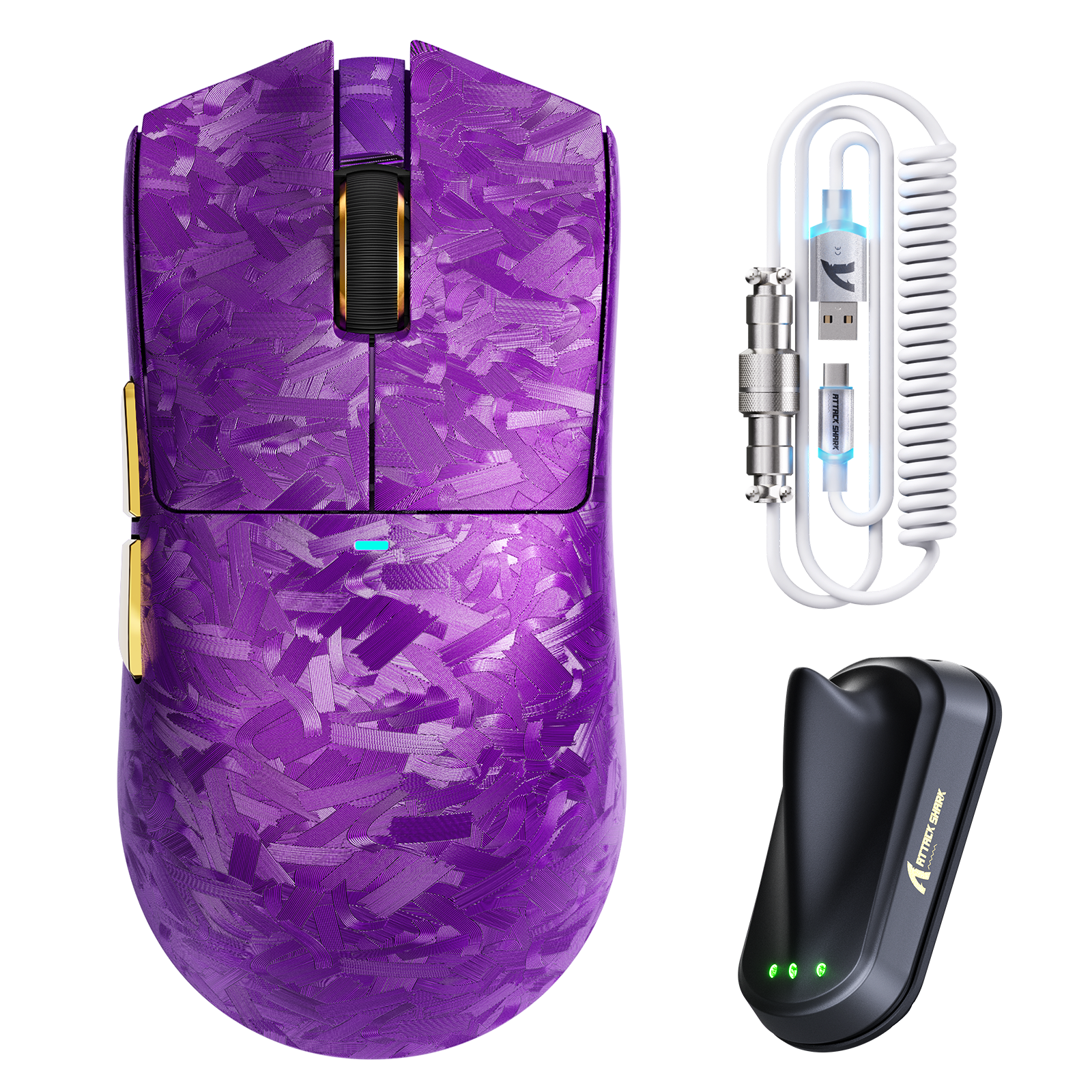 Purple carbon fiber ATTACK SHARK X11 ULTRA wireless gaming mouse with C06 ULTRA LED cable and receiver