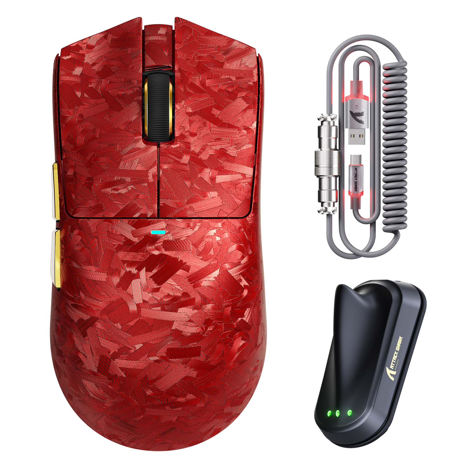 Red carbon fiber ATTACK SHARK X11 ULTRA gaming mouse with black C06 ULTRA LED cable and receiver