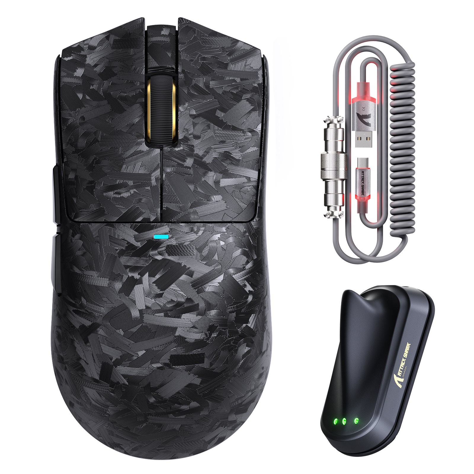 ATTACK SHARK X11 ULTRA carbon fiber wireless gaming mouse with C06 ULTRA LED cable