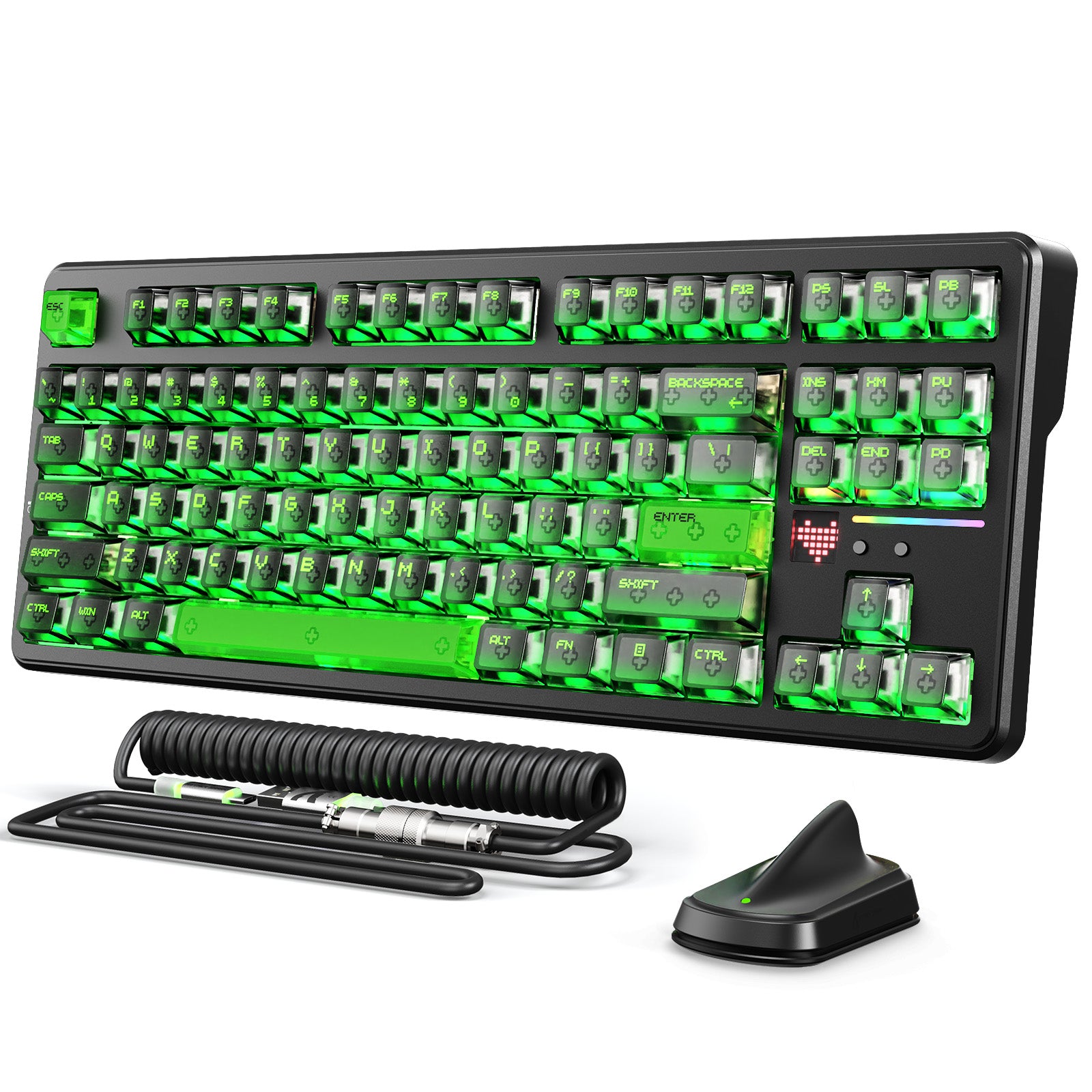 ATTACK SHARK X87 Ultra wireless gaming keyboard with green RGB backlit keys, coiled cable and 8K receiver