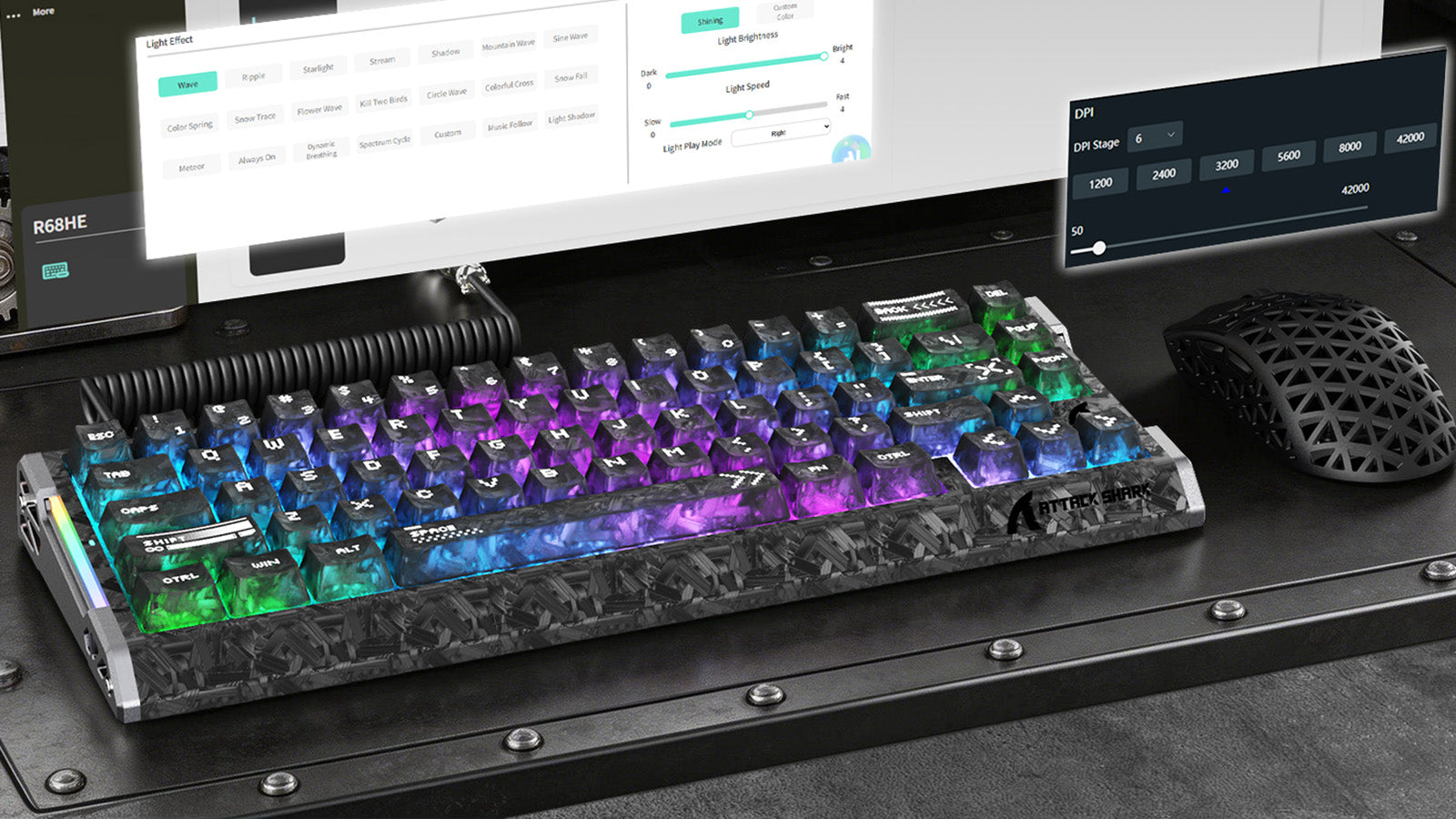 RGB keyboard and honeycomb mouse shown with software configuration overlays on a monitor.