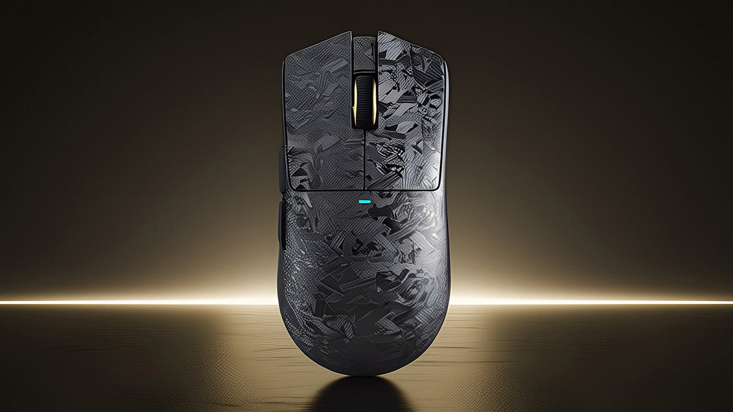 Attack Shark gaming mouse with a grey forged carbon fiber pattern on a gold background.