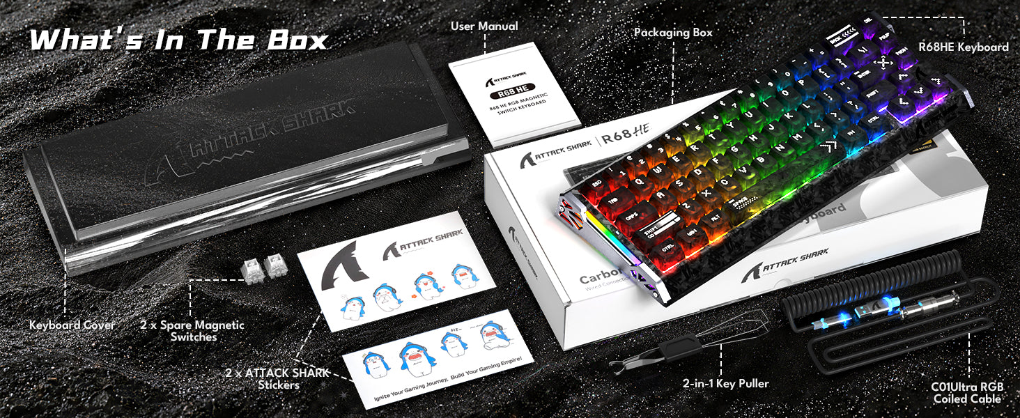 ATTACK SHARK R68 HE Kohlefaser Kabelgebundene Rapid Trigger Magnetischer Schalter Tastatur mit C01 Ultra RGB Spiralkabel