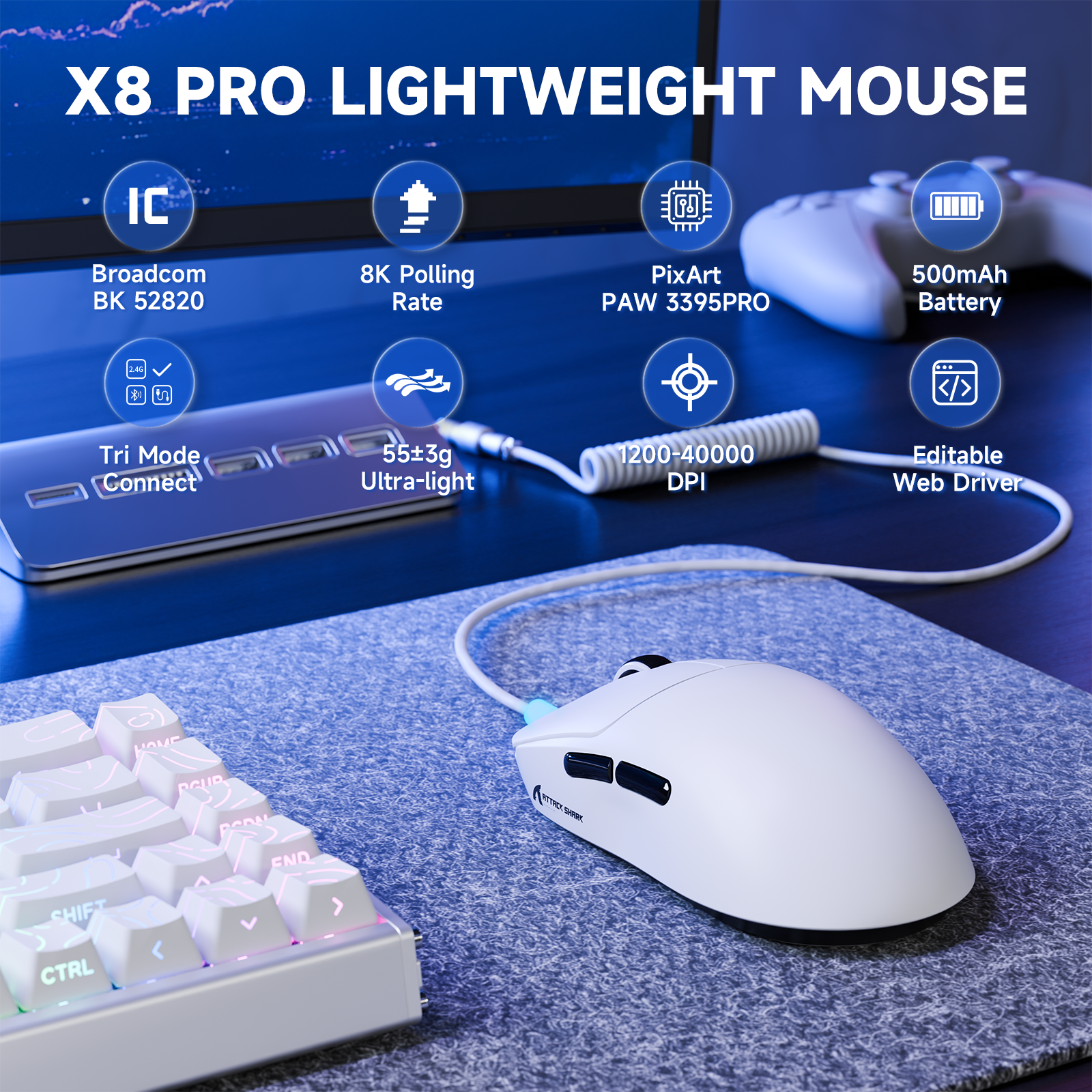 ATTACK SHARK X8PRO Ultraleichte kabellose Gaming-Maus & C06ULTRA-Kabel