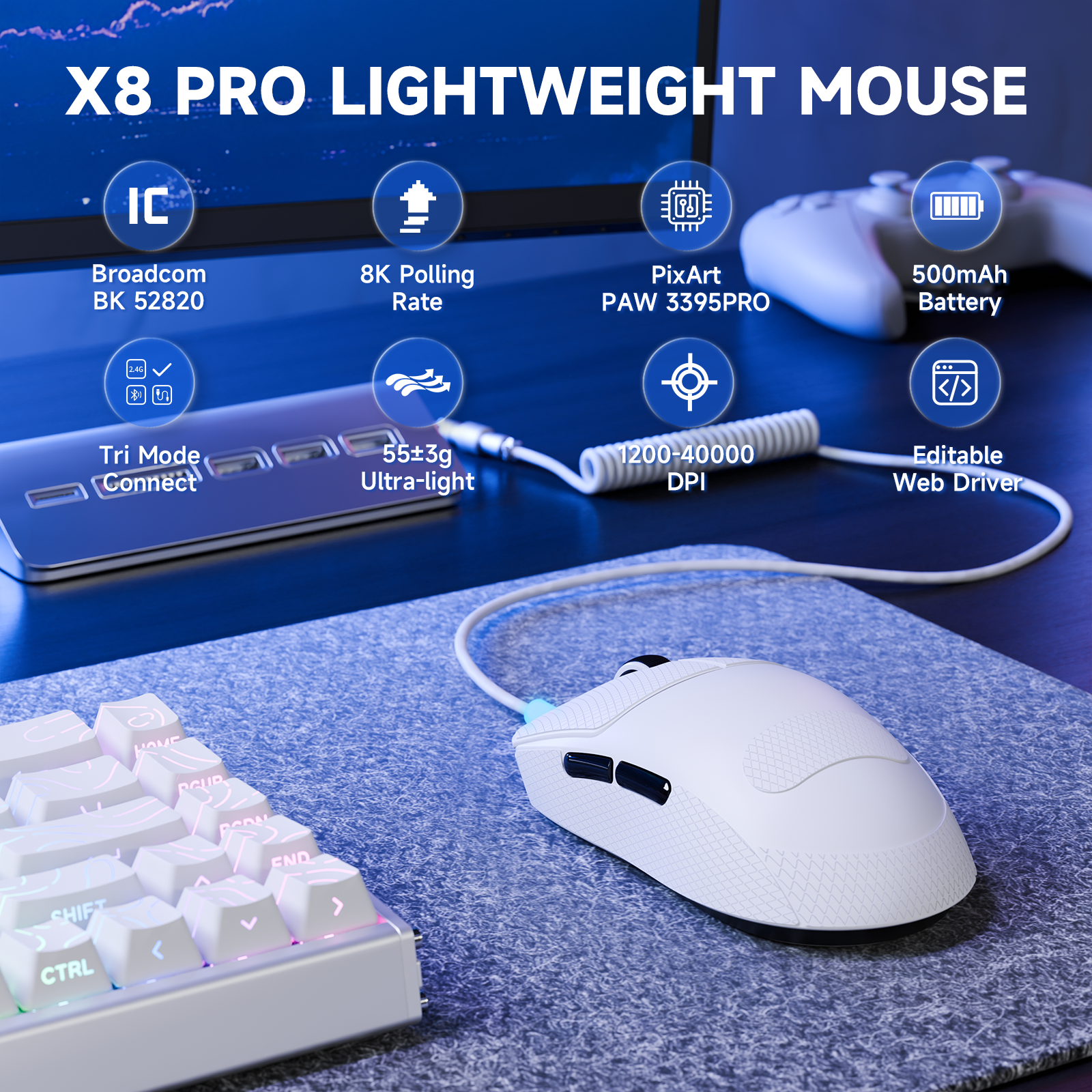 ATTACK SHARK X8PRO Ultraleichte kabellose Gaming-Maus & C06ULTRA-Kabel