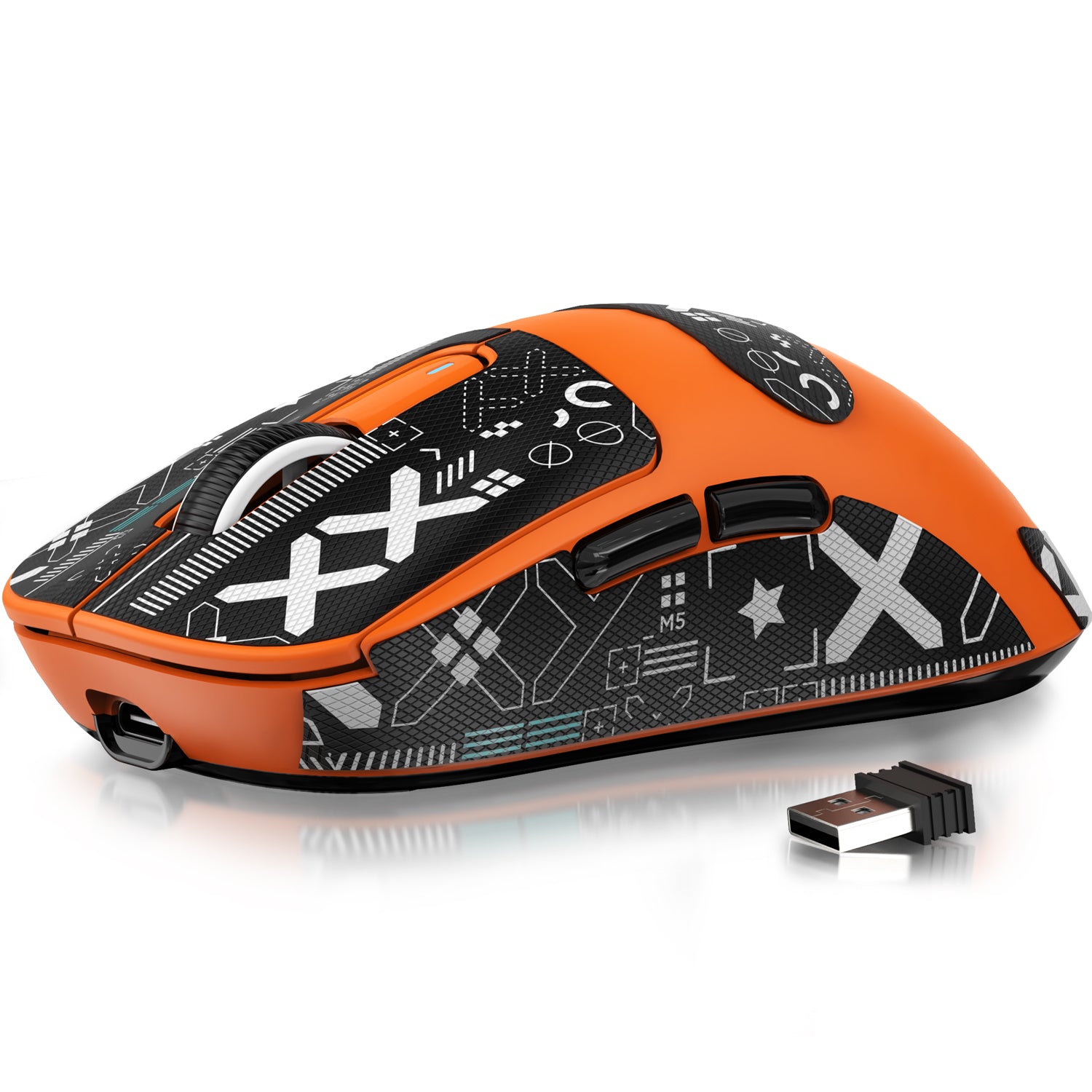 Attack Shark X3 orange wireless gaming mouse with grip tape and USB receiver.