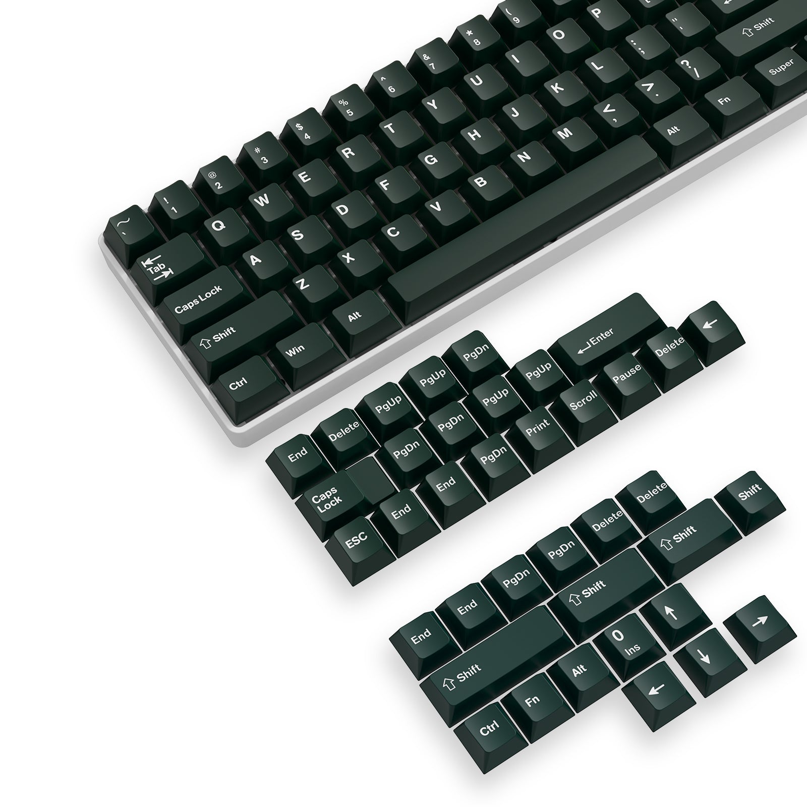 Dark green PBT keycap set compatible with mechanical keyboards, enhancing desktop style.