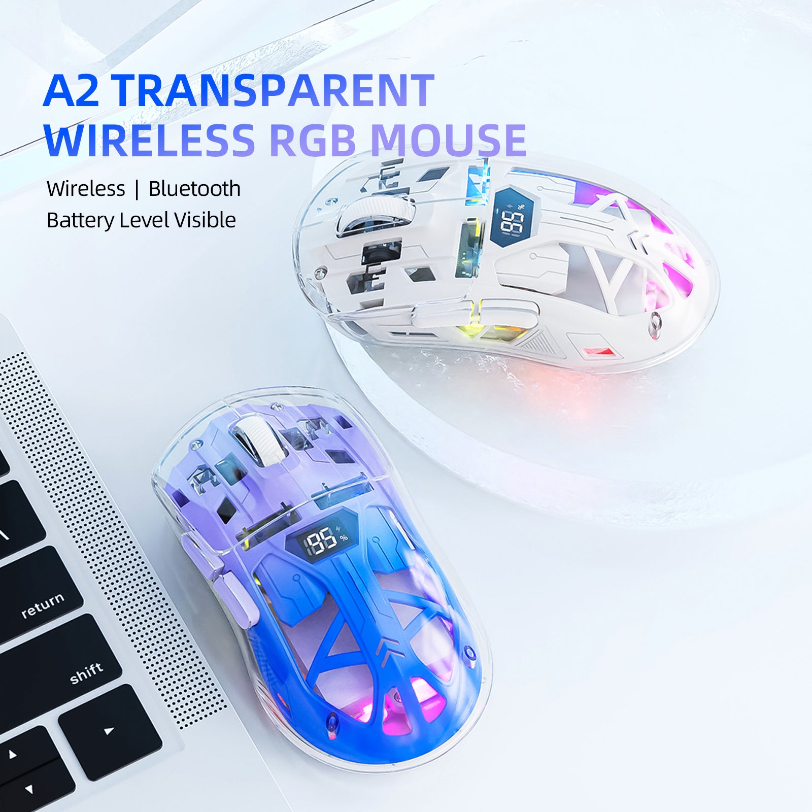 ATTACK SHARK A2 Transparente RGB-Kabellose Maus mit Batteriestandsanzeige