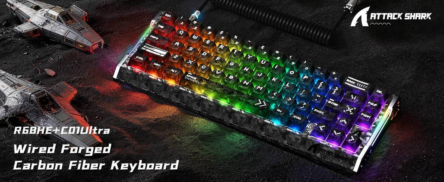 ATTACK SHARK R68 HE Kohlefaser Kabelgebundene Rapid Trigger Magnetischer Schalter Tastatur mit C01 Ultra RGB Spiralkabel