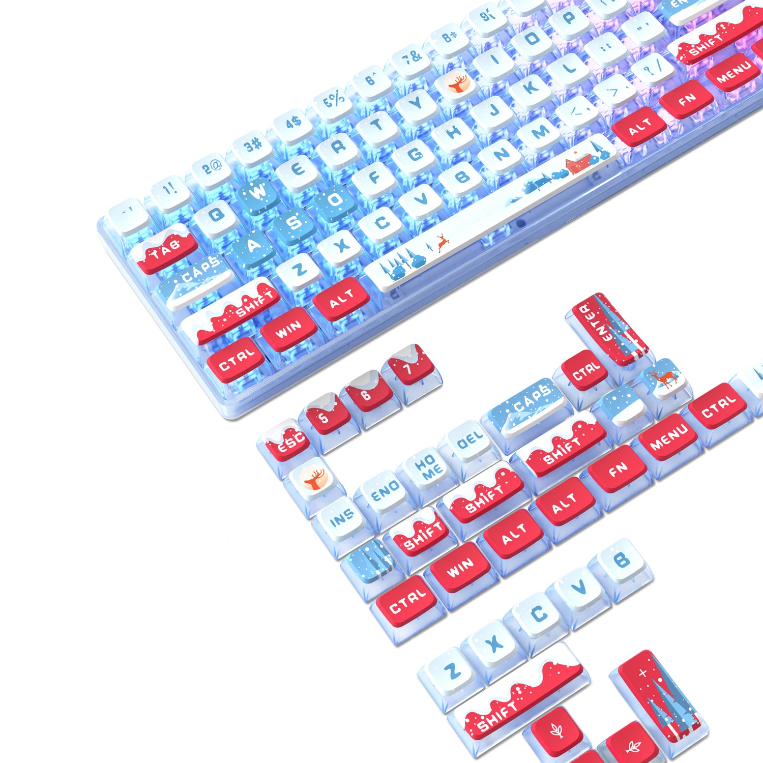 Ocean-themed clear keycaps set for mechanical keyboards with colorful designs