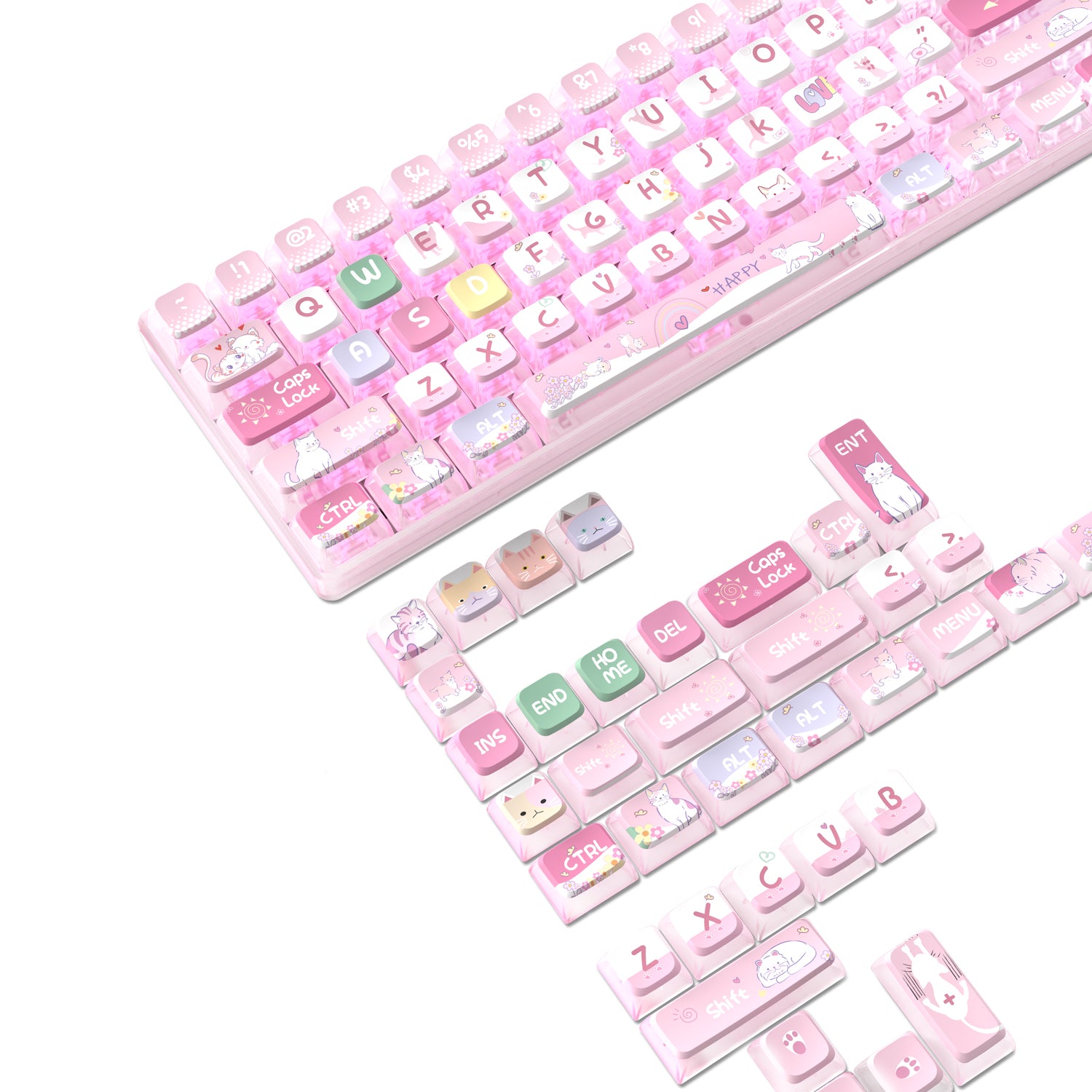 Pink mechanical keyboard with colorful kawaii-themed keycaps and cute designs