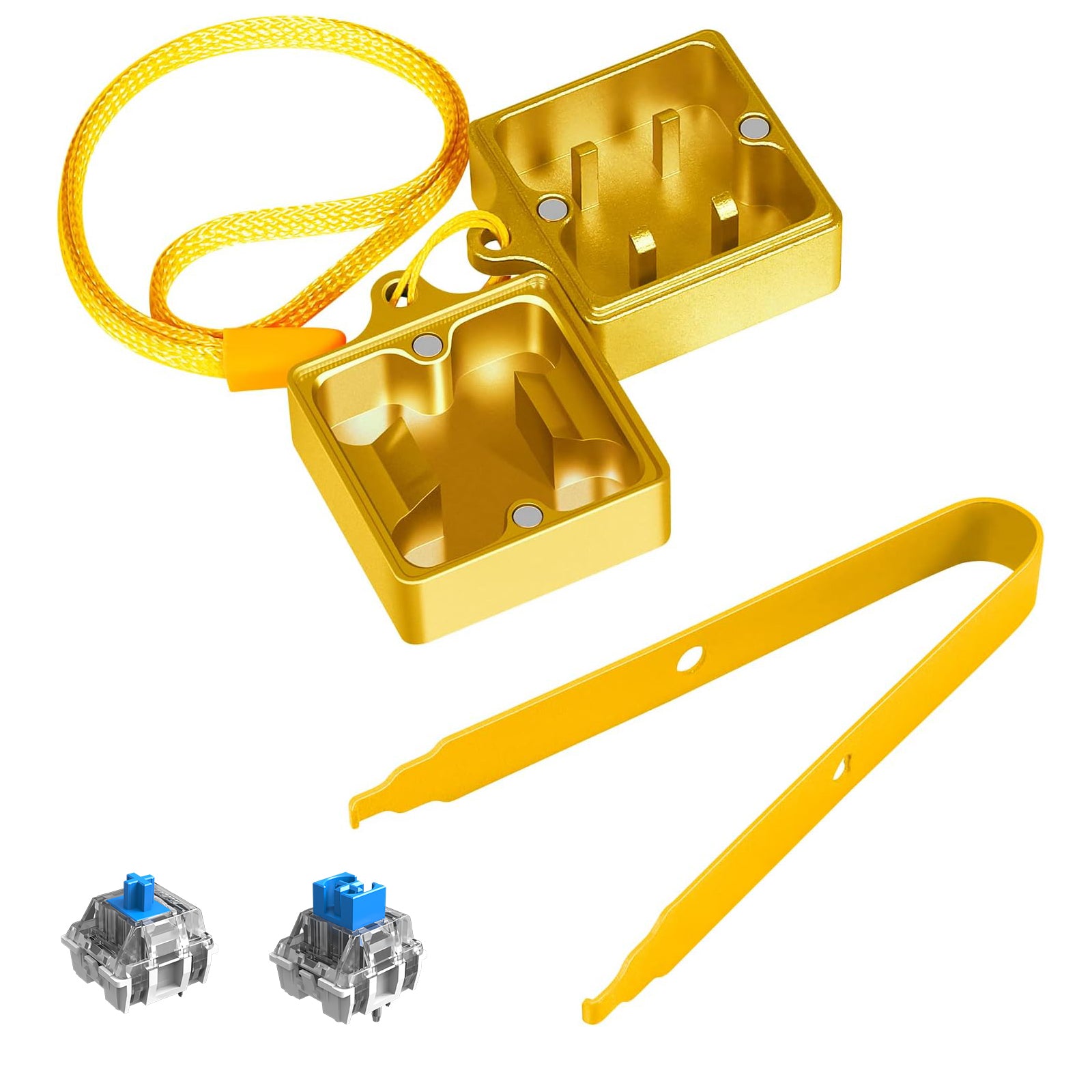 Yellow switch opener kit with puller and two mechanical switches for keyboard DIY.