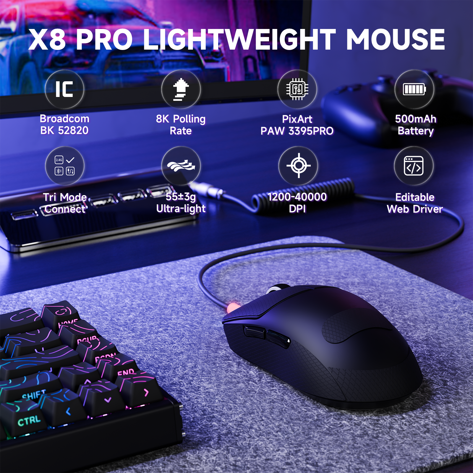 ATTACK SHARK X8PRO Ultraleichte kabellose Gaming-Maus & C06ULTRA-Kabel