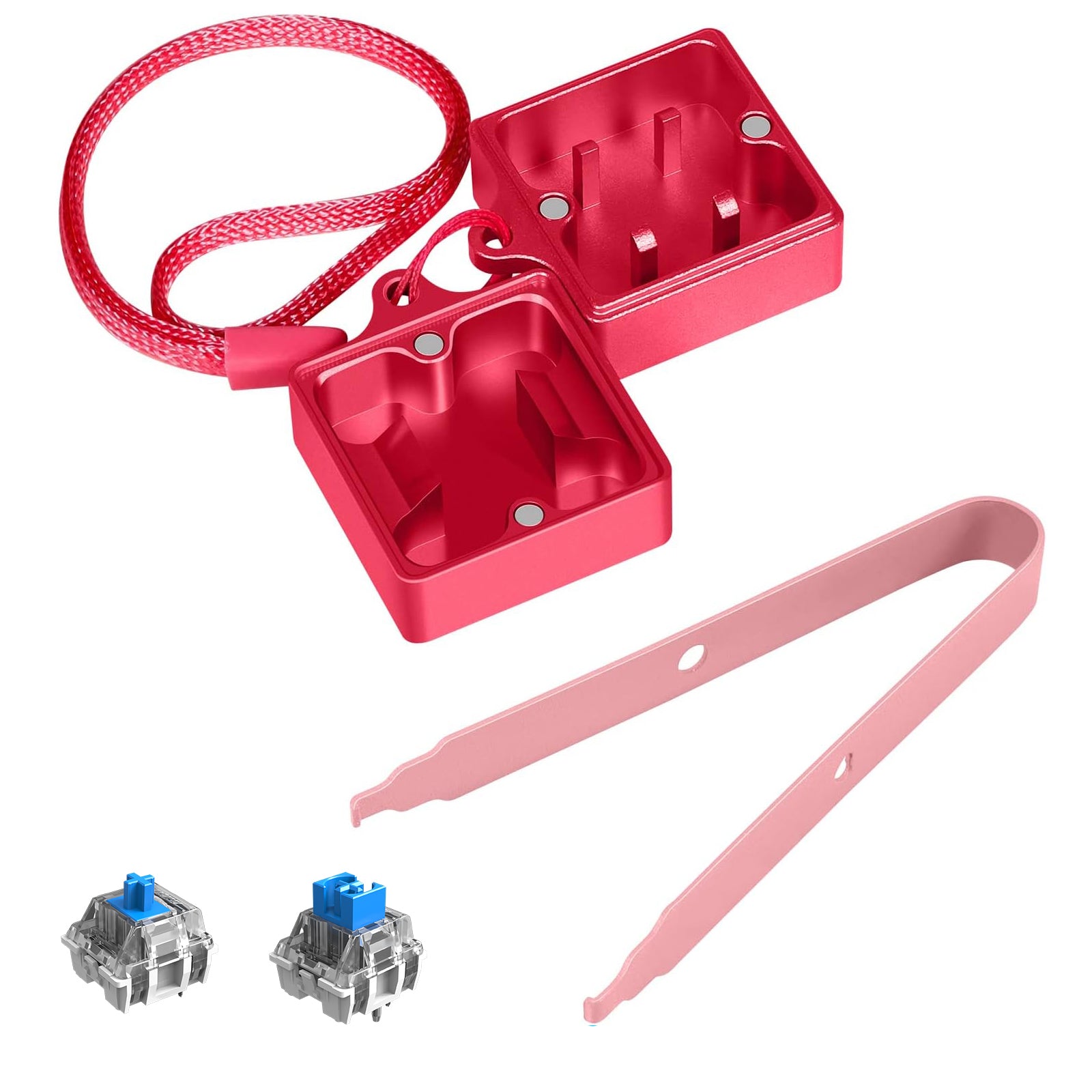 Red aluminum switch opener kit with keycap puller and two mechanical switches for keyboard customization.