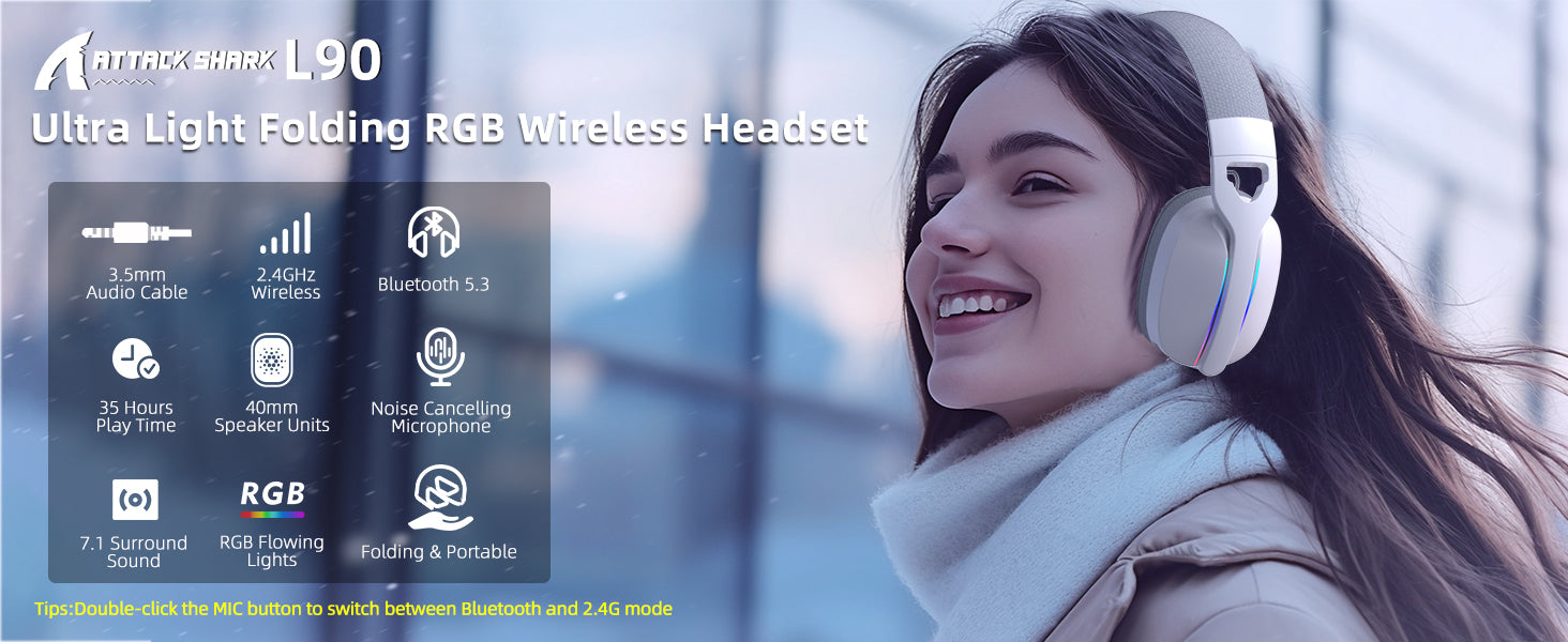 ATTACK SHARK L90 – faltbares, ultraleichtes RGB-Gaming-Headset mit drei Modi