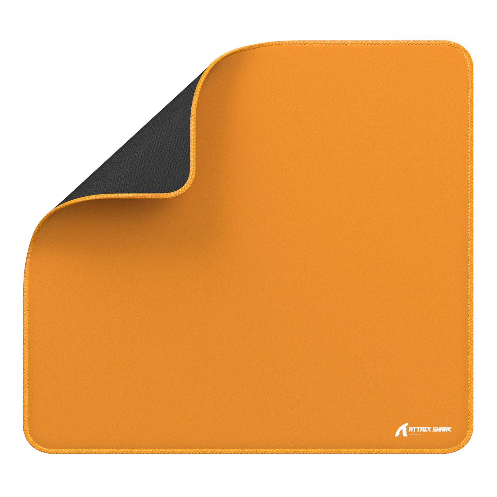 Orange Attack Shark gaming mouse pad with black underside and stitched edges.