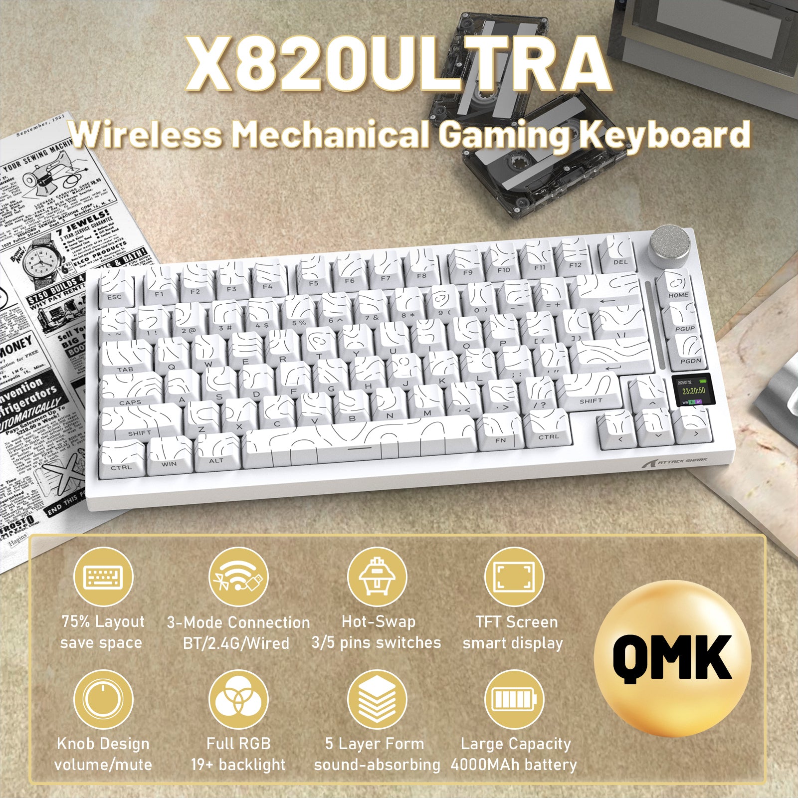 ATTACK SHARK X820ULTRA Mechanische Tastatur mit C01ULTRA Spiralkabel