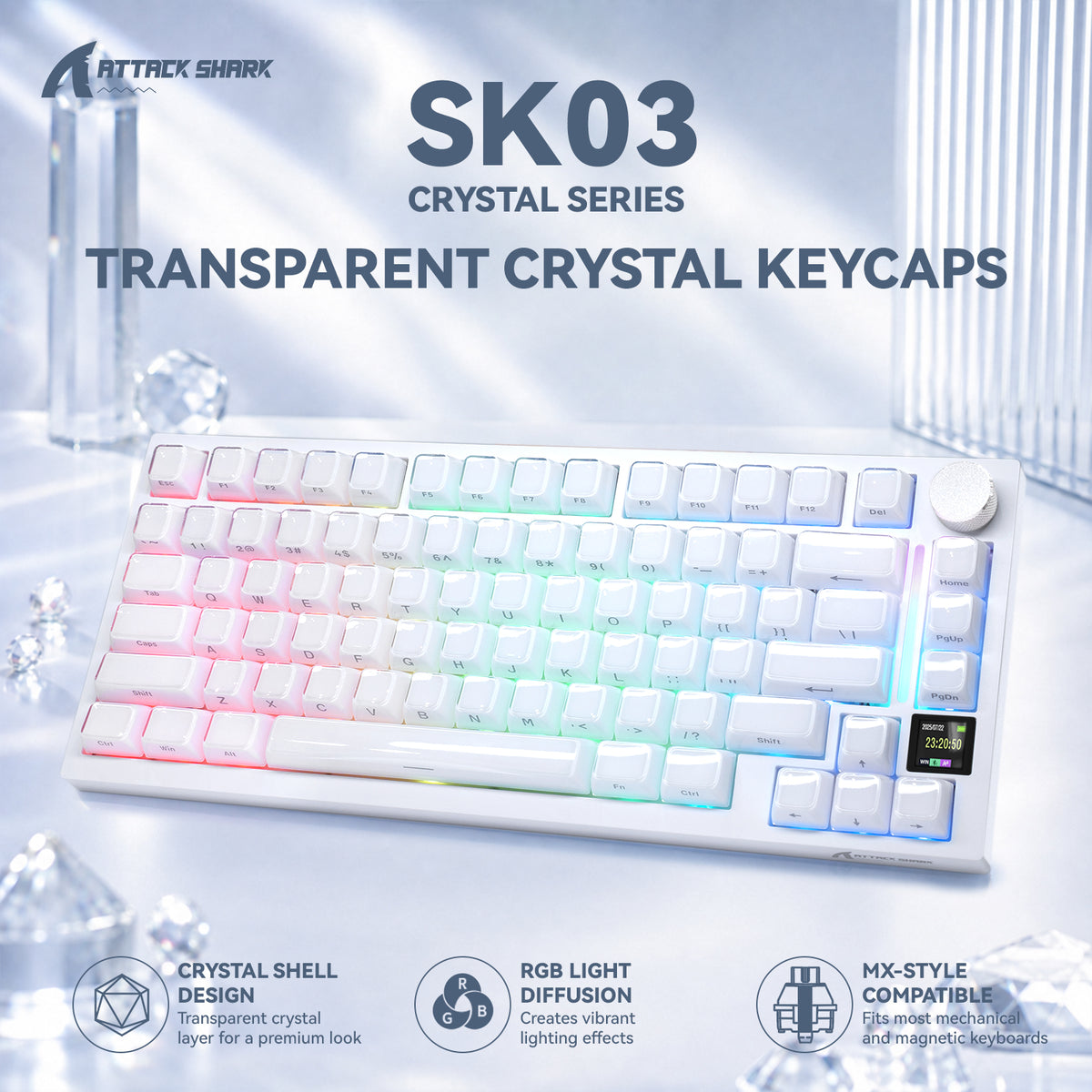 ATTACK SHARK SK03, 136 Tasten, Kristall-Tastenkappen, ASA-Profil, ANSI/ISO