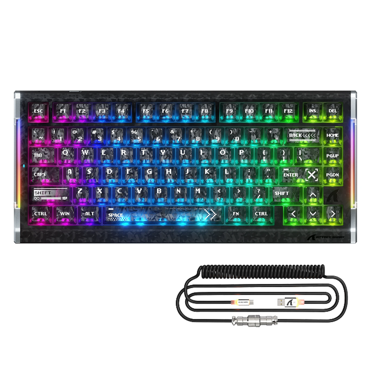 ATTACK SHARK R86 HE Carbonfaser-Gaming-Tastatur mit magnetischen Schaltern, Rapid Trigger, Kabelanschluss und C01 ULTRA RGB-Spiralkabel
