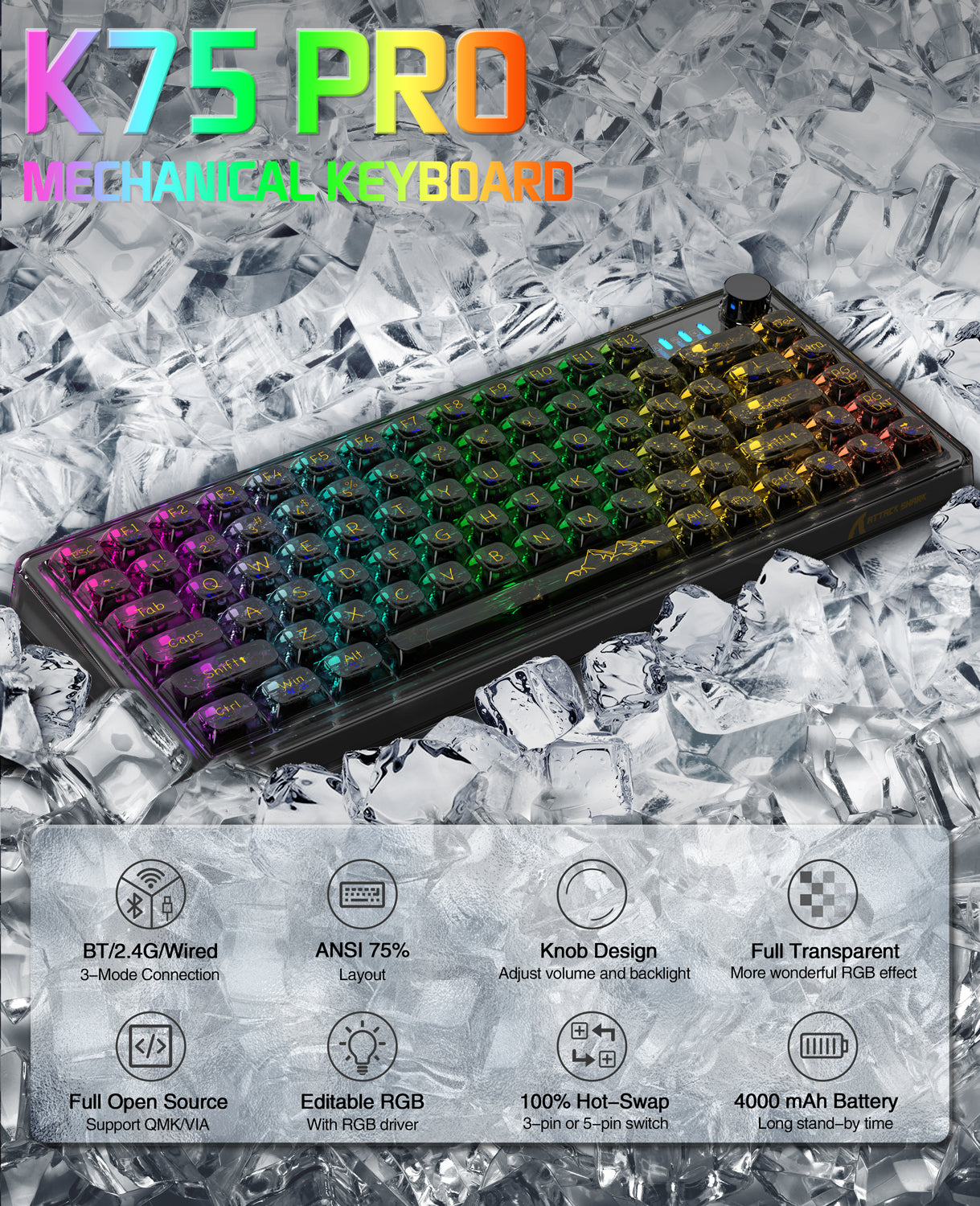 Transparente mechanische Tastatur ATTACK SHARK K75 Pro