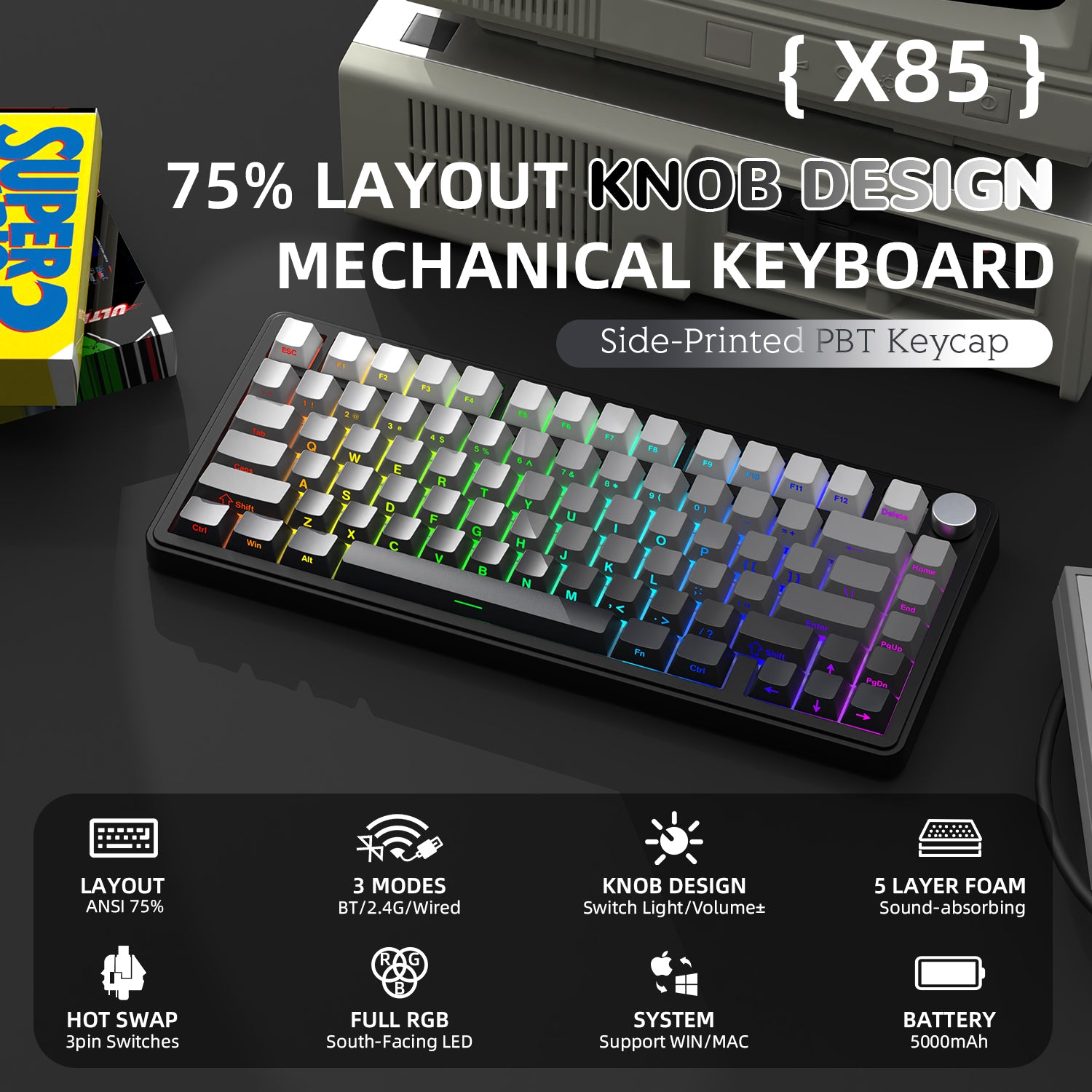 Attack Shark X85 keyboard with RGB lighting and PBT keycaps, highlighting key features.