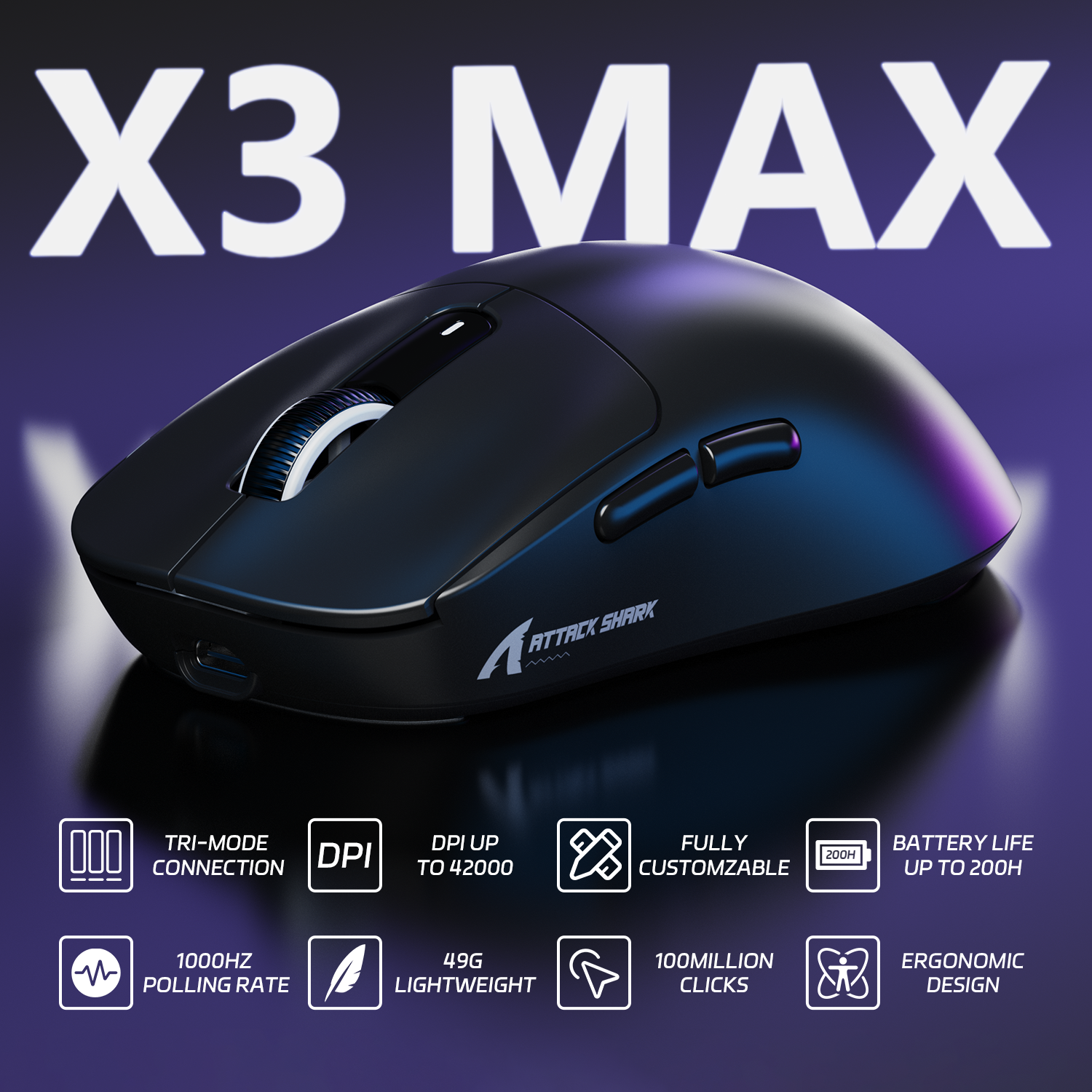 ATTACK SHARK X3MAX PAW3950 Kabellose Gaming-Maus mit C06-Maus-Spiralkabel