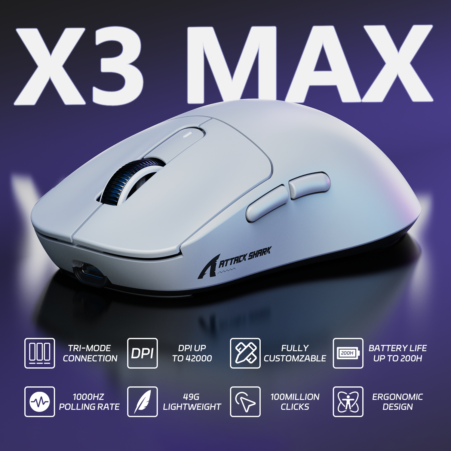 ATTACK SHARK X3MAX PAW3950 Wireless Gaming Mouse with C06 Mouse Coiled Cable