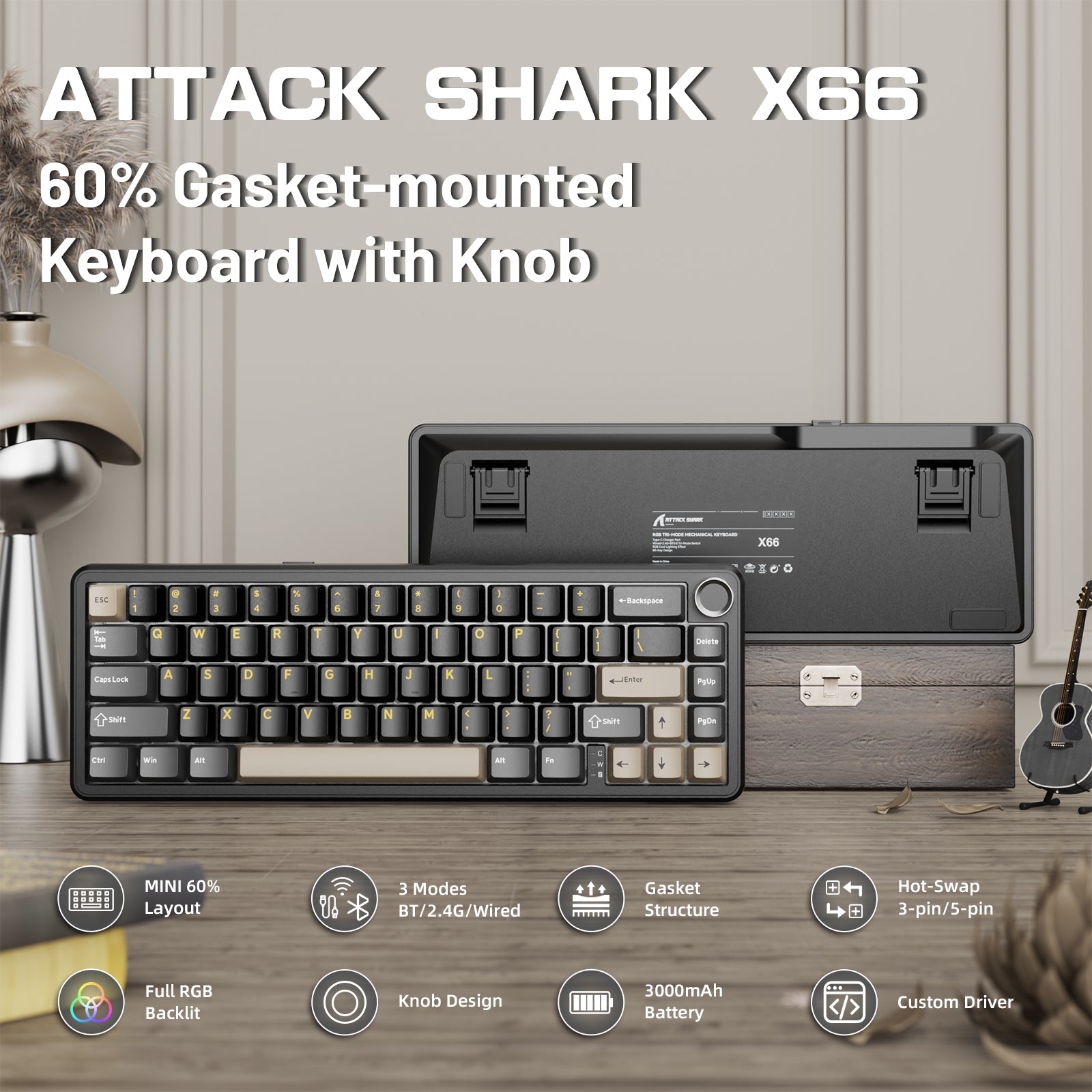 ATTACK SHARK X66 Kabellose mechanische Tastatur mit 8K-Spiralkabel