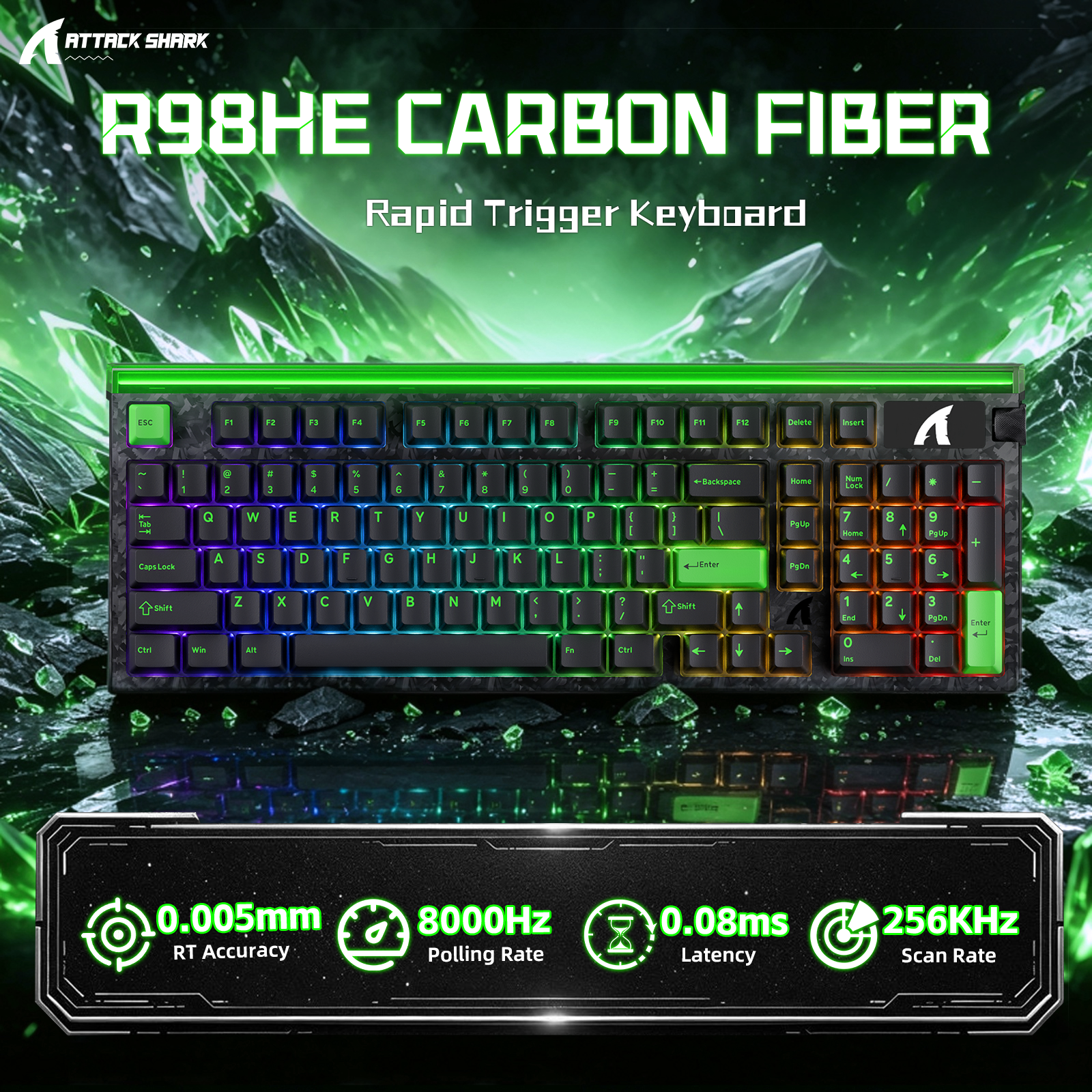 ATTACK SHARK R98 HE Carbonfaser-Kabelgebundene Tastatur mit schnellem Auslöser, magnetischem Schalter und C01 Ultra RGB Spiralkabel