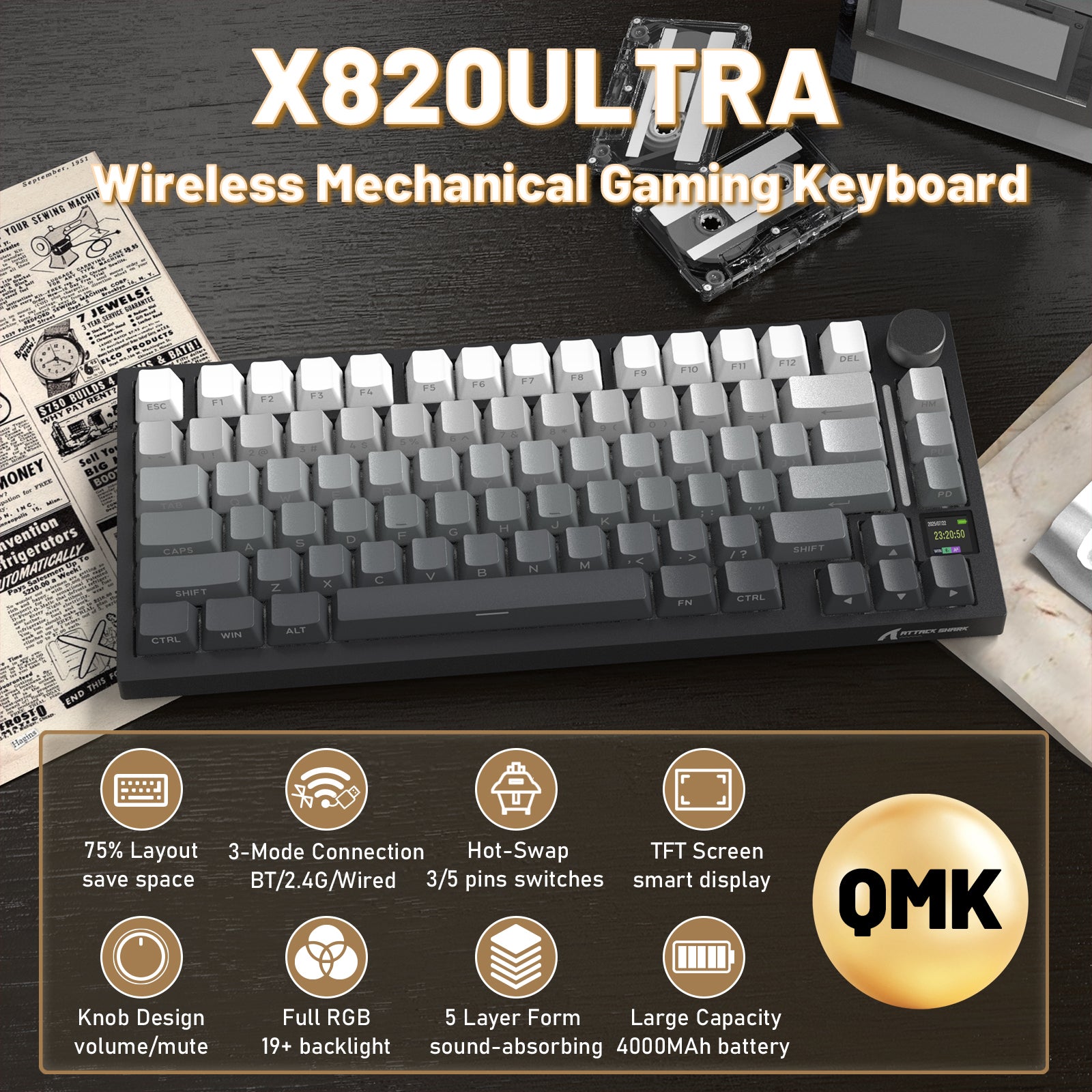 ATTACK SHARK X820ULTRA Mechanische Tastatur mit C01ULTRA Spiralkabel