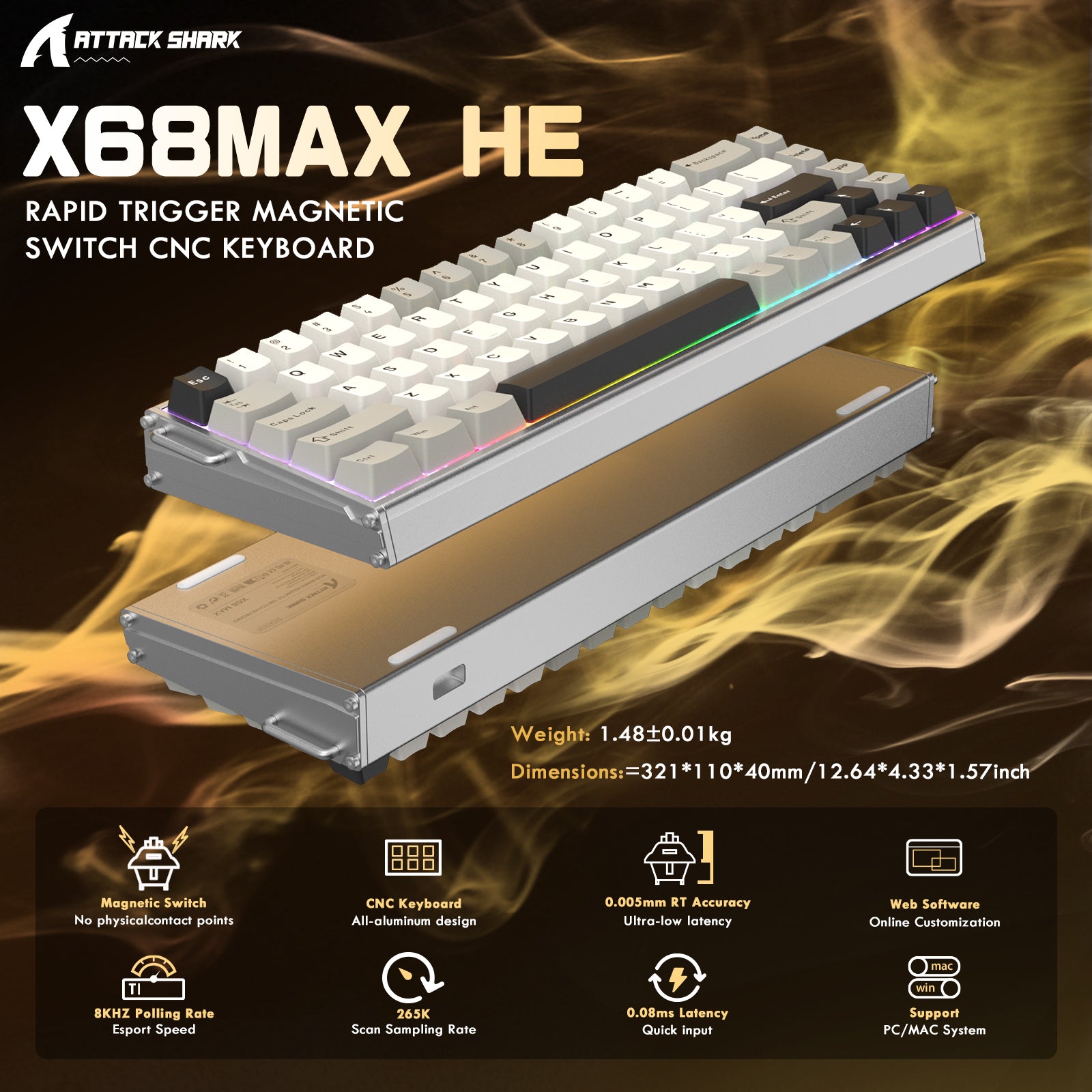 ATTACK SHARK X68MAX HE Rapid Trigger CNC-Aluminium-Tastatur mit Magnetschalter und C01Ultra RGB-Spiralkabel