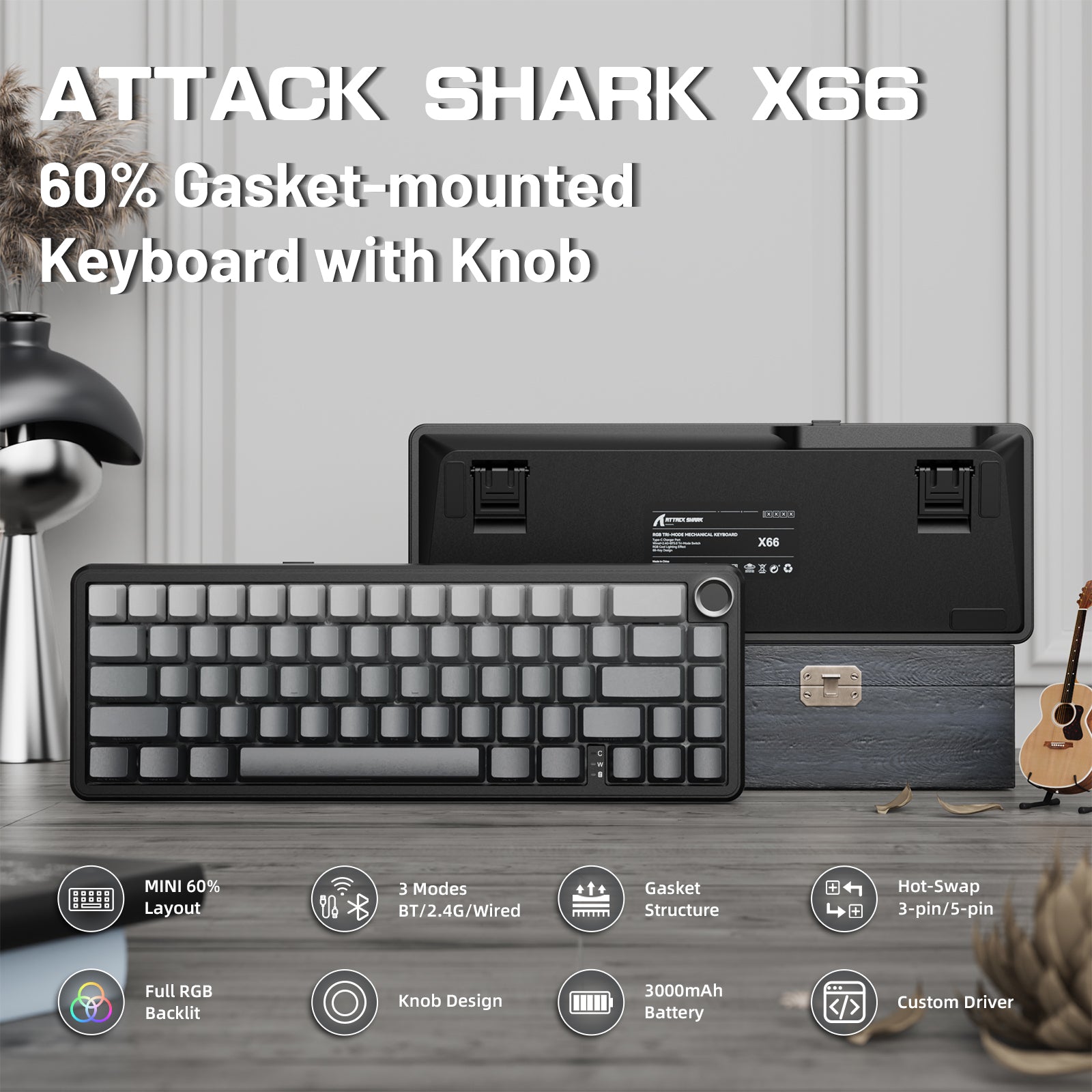 ATTACK SHARK X66 Kabellose mechanische Tastatur mit 8K-Spiralkabel