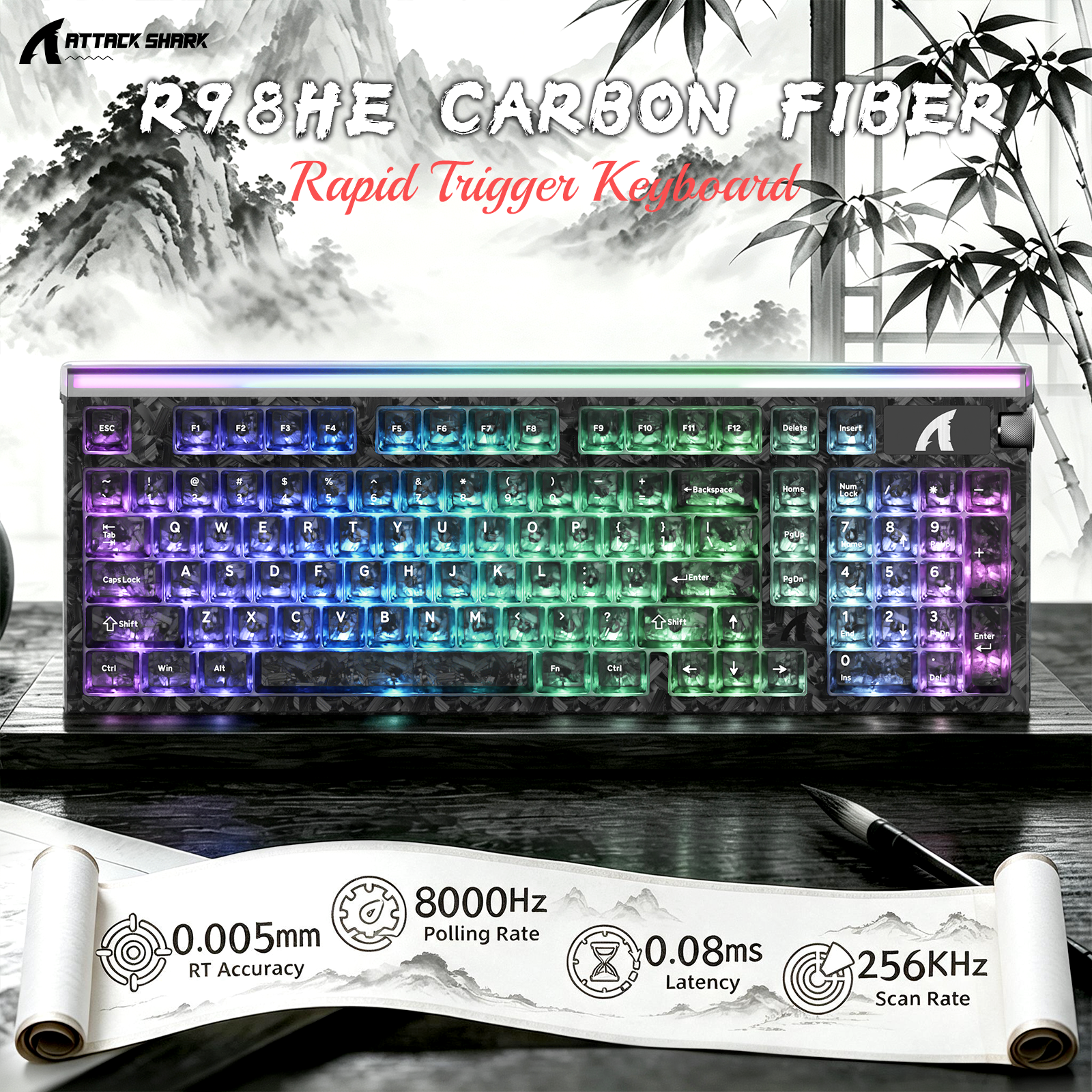 ATTACK SHARK R98 HE Carbonfaser-Kabelgebundene Tastatur mit schnellem Auslöser, magnetischem Schalter und C01 Ultra RGB Spiralkabel