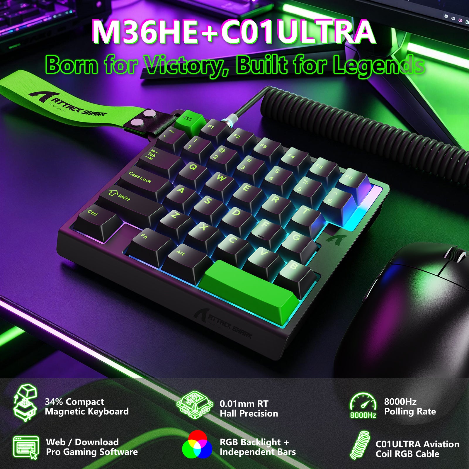 ATTACK SHARK M36 HE Einhändiges Tastatur mit Magnetischem Schalter & C01 ULTRA LED Aviator Kabel