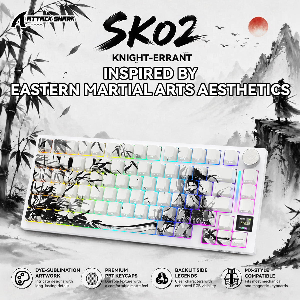 ATTACK SHARK SK02, 129 Tasten, seitlich bedruckte PBT-Tastenkappen, ANSI/ISO, fahrender Ritter