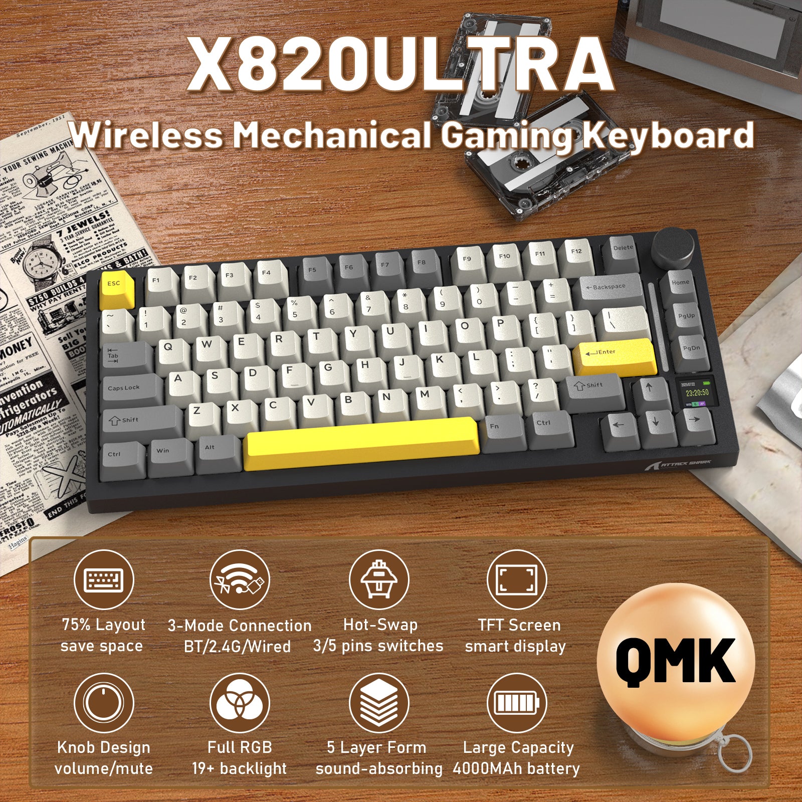 ATTACK SHARK X820ULTRA Mechanische Tastatur mit C01ULTRA Spiralkabel