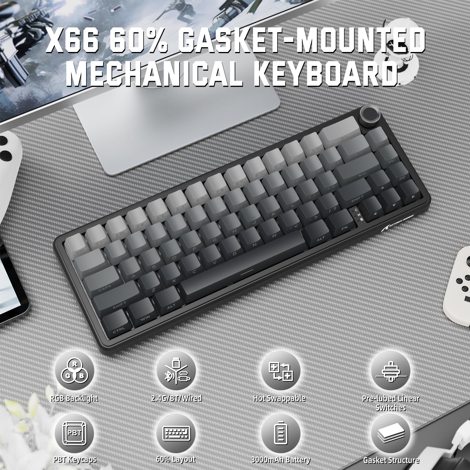 ATTACK SHARK X66 Kabellose mechanische Tastatur mit seitlich bedruckten PBT-Tastenkappen