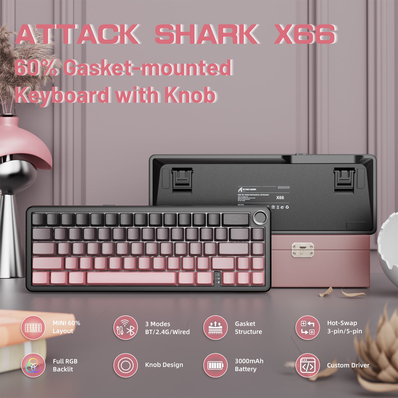 ATTACK SHARK X66 Kabellose mechanische Tastatur mit 8K-Spiralkabel