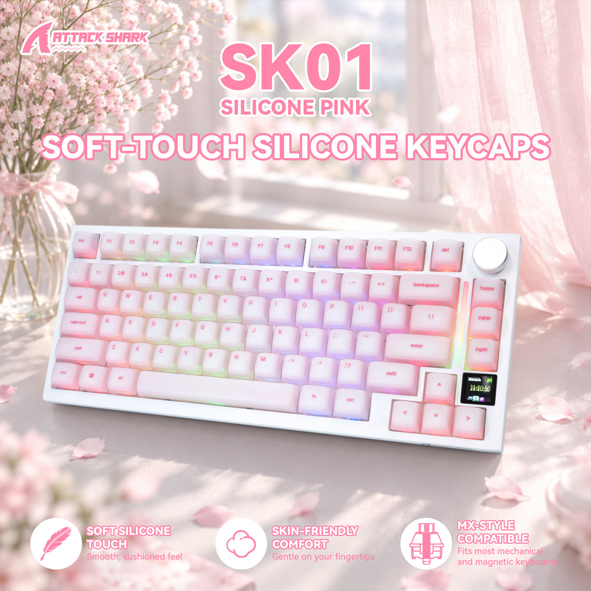 ATTACK SHARK SK01 Tastenkappenset mit 113 Tasten aus Silikon, Cherry-Profil, ANSI, Pink