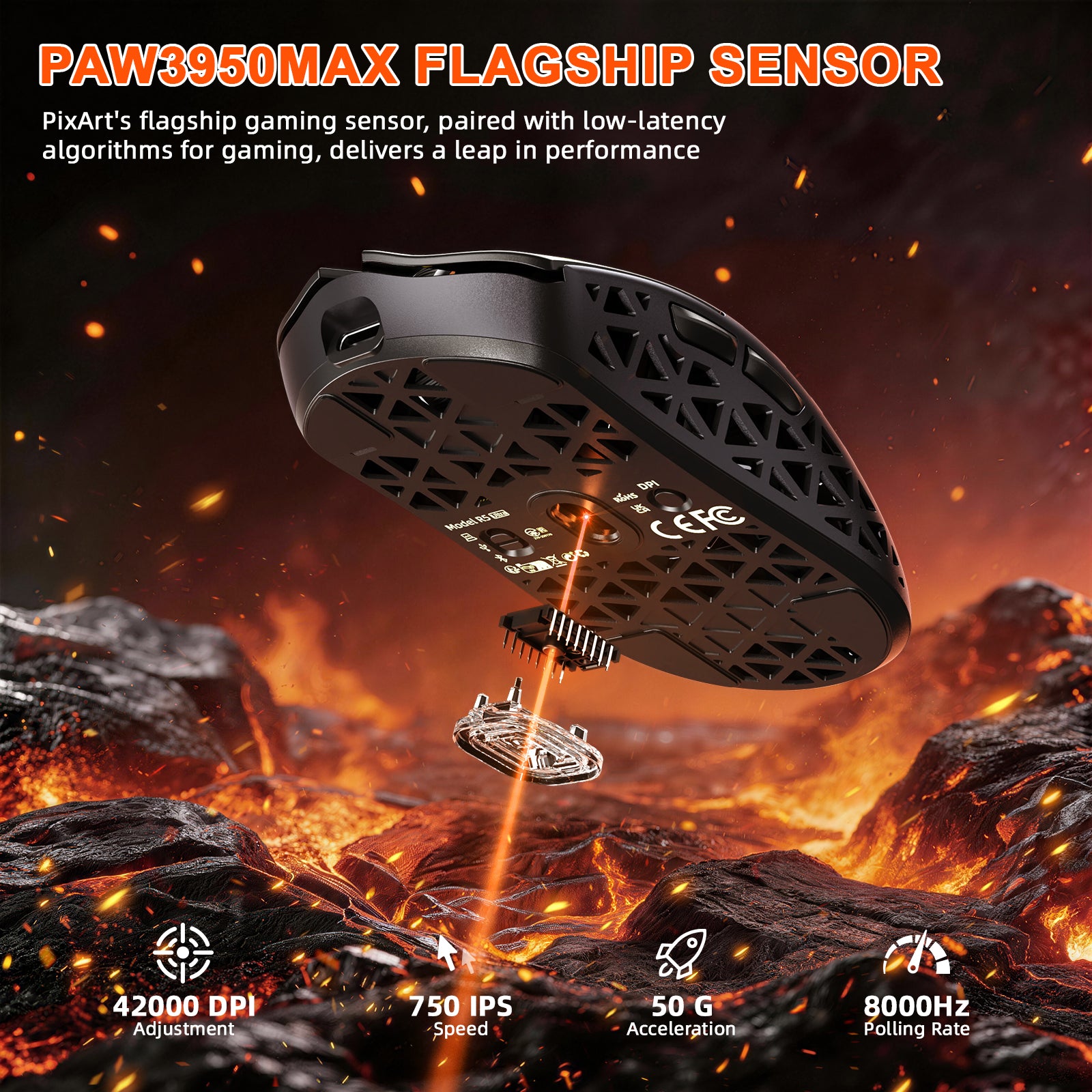 Black ATTACK SHARK R5 Ultra gaming mouse with PAW3950MAX sensor, 42000 DPI and 8000Hz polling rate