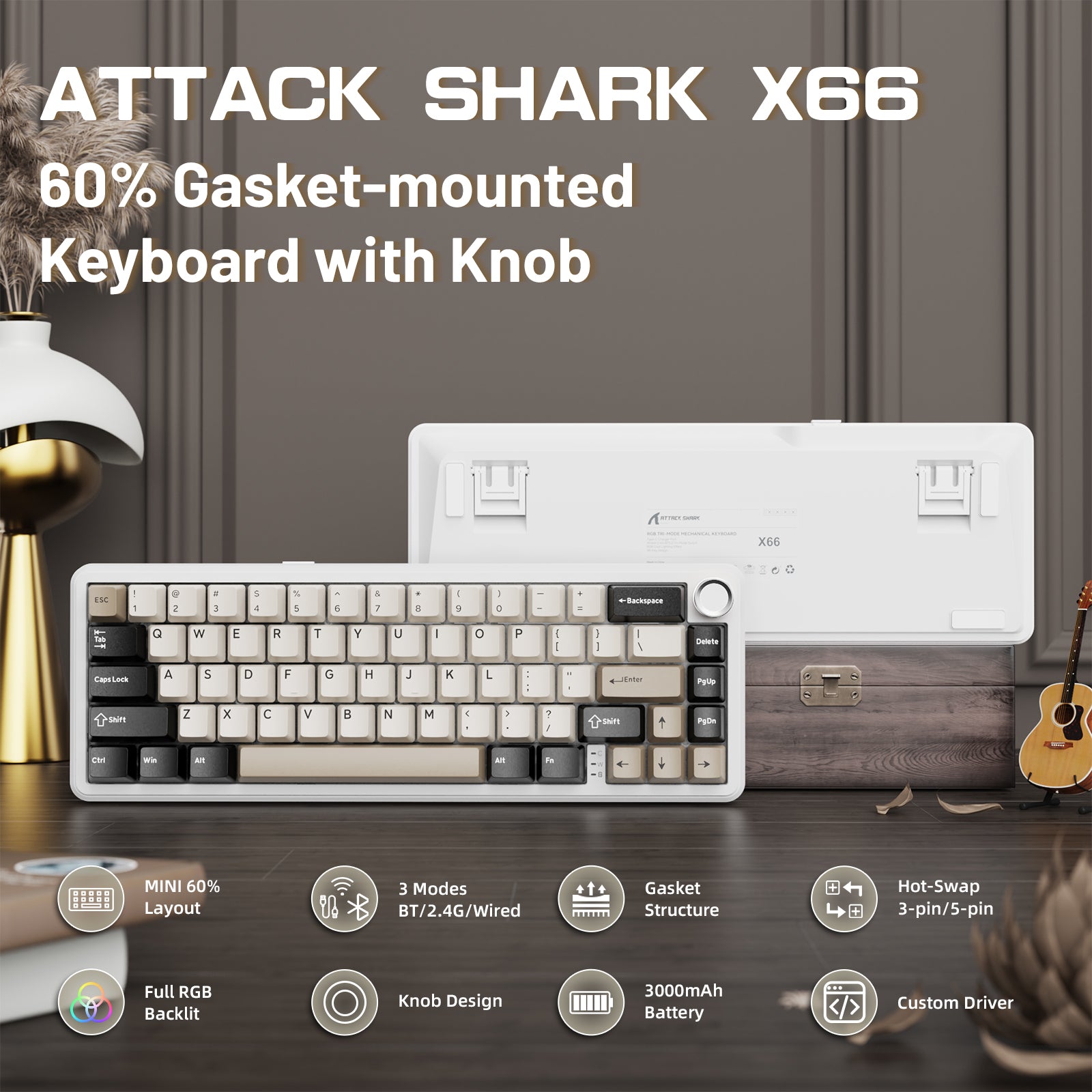 ATTACK SHARK X66 Kabellose mechanische Tastatur mit 8K-Spiralkabel