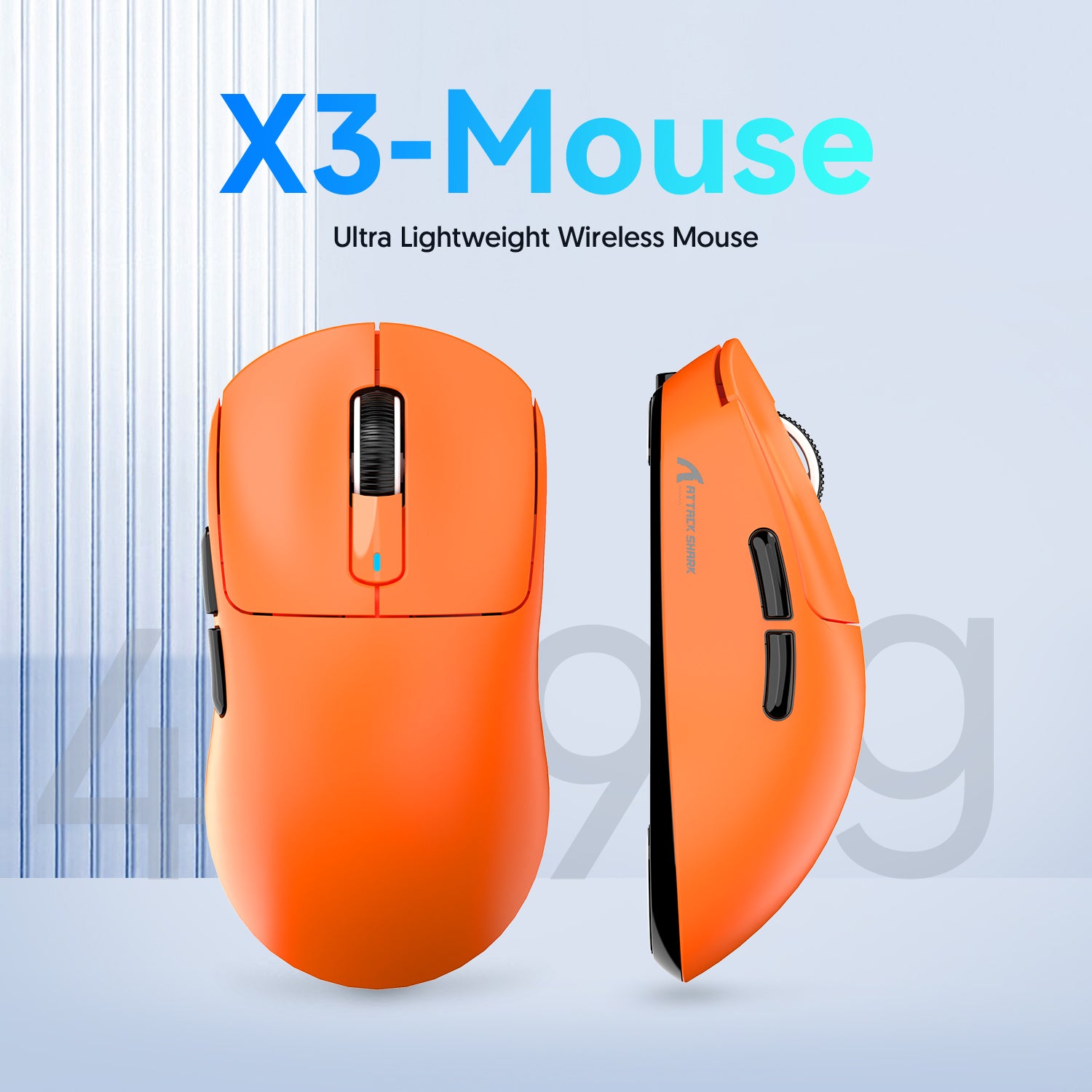 Attack Shark X3 wireless gaming mouse in orange showing 49g lightweight design.