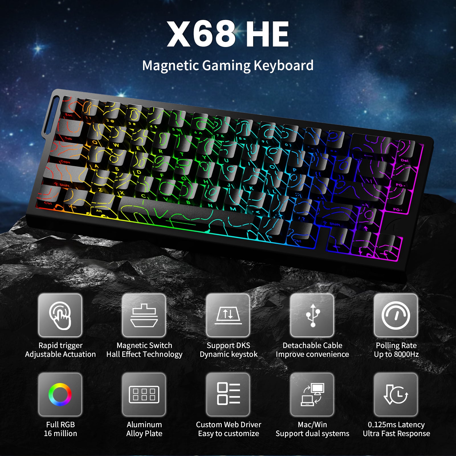 ATTACK SHARK X68 HE Rapid Trigger-Tastatur mit Magnetschalter und C01PRO-Spiralkabel